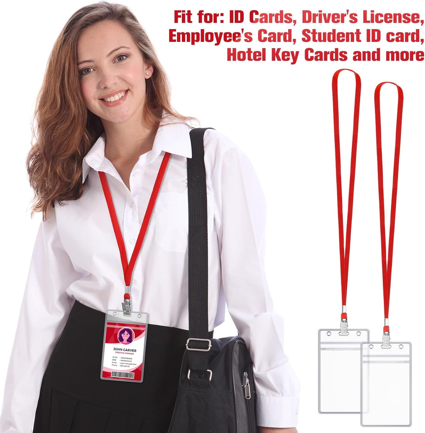 Marspark 100 Pcs Name Tag Lanyards with ID Holder Lanyards for ID Badges Resealable Flat Neck Name Tag with Clip Waterproof Plastic Clear Badges Bulk for School Office Supplies (Red)