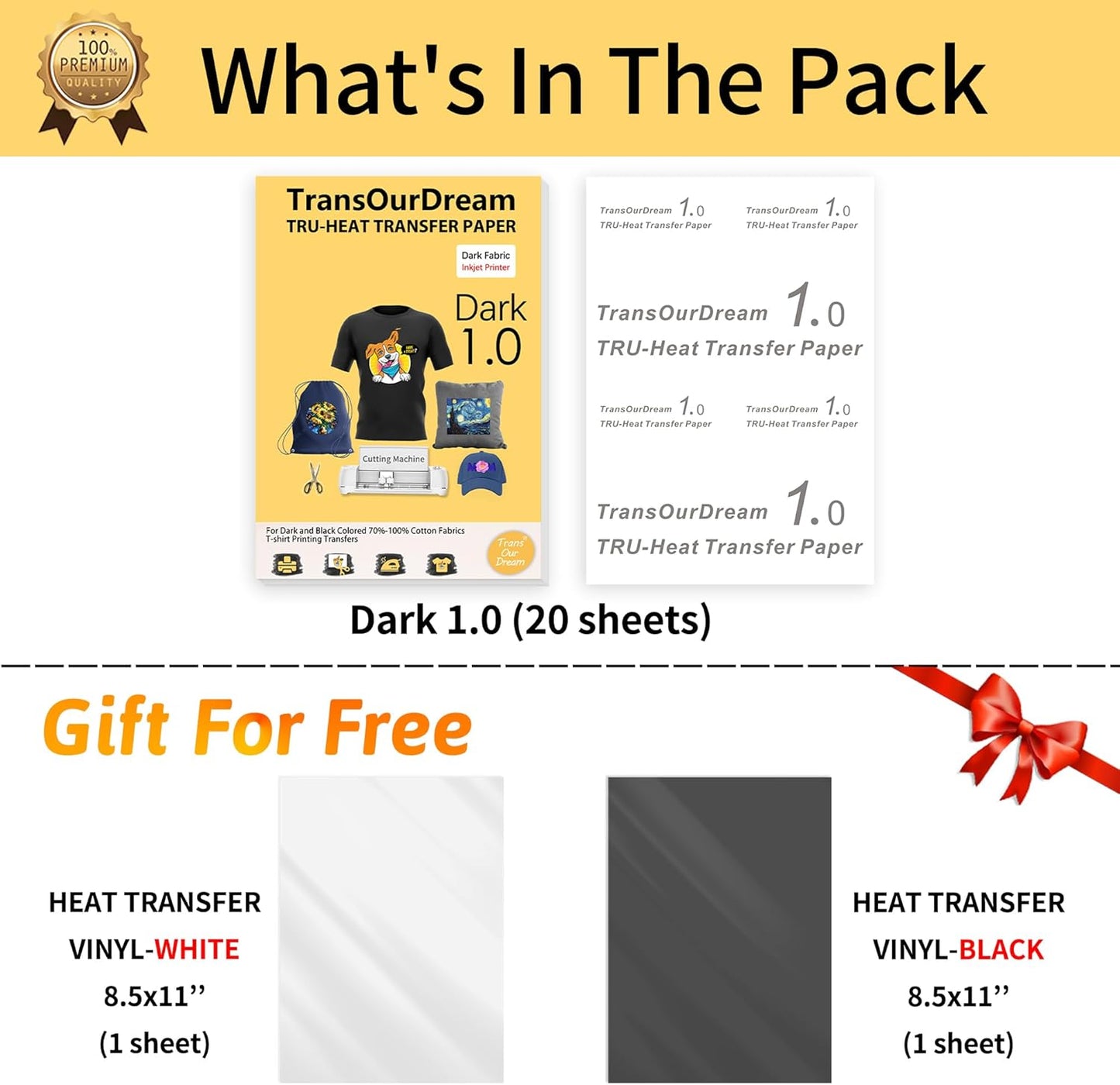 TransOurDream Tru-Iron on Heat Transfer Paper for Dark Fabric (20+2 Sheets, 8.5x11") Printable Iron on Transfers Paper for Inkjet Printer & Heat Transfer Vinyl for T Shirts (D1-BW-22)