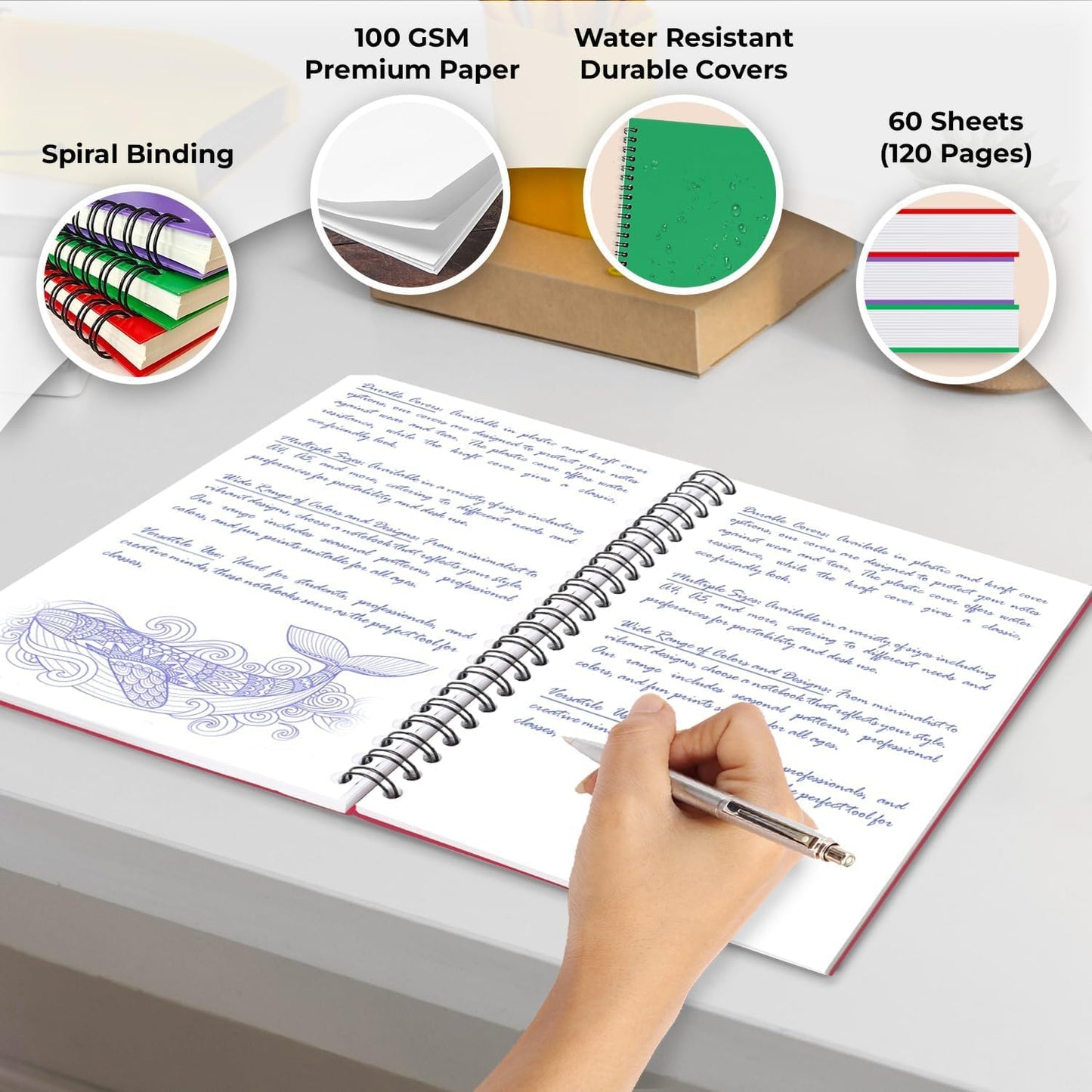 Blank Spiral Notebook, 6 Pack, 5.8 x 8.3, 120 Pages (60 Sheets), 100 GSM Unlined Drawing Notebooks, Assorted A5 Journals, No-Bleed, Sketching, Note Taking, Blank Journals for Office & School