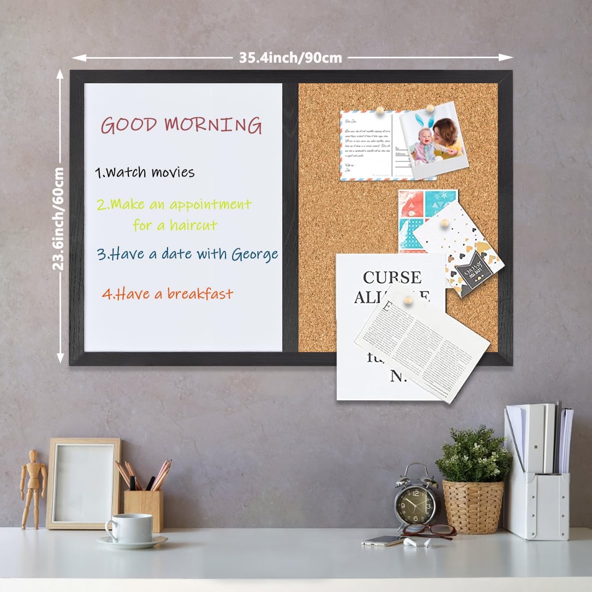 Bulletin Board Whiteboard Cork Board Combo for Office School Kitchen Bedroom, Black Wood Frame,23.6"*35.4",Whiteboard+Cork-6090BK