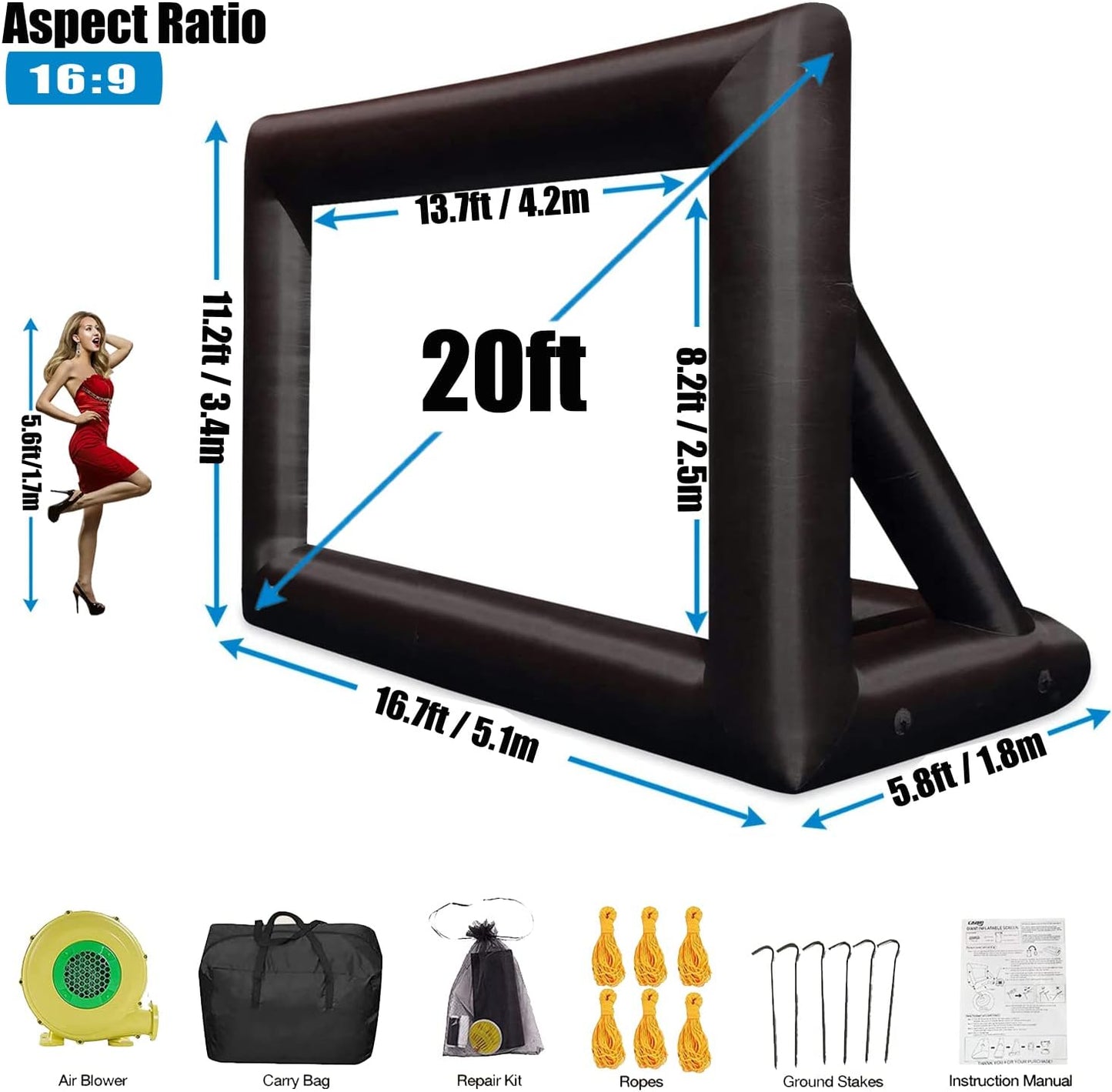 CZGBRO Inflatable Projector Screen - 20FT Outdoor Movie Screen Blow Up for Movie Parties Backyard Outside with Air Blower and Carry Bag, Front and Rear Projection