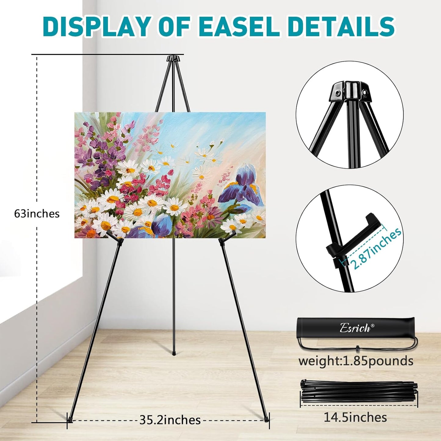 ESRICH 63" Display Easel Stand for Wedding Sign, Portable Foldable Metal Easel, Lightweight Metal Easels for Signs Wedding Logos,Arts, Painting,Adjustable Floor Easels with Storage Bag (16Pack)