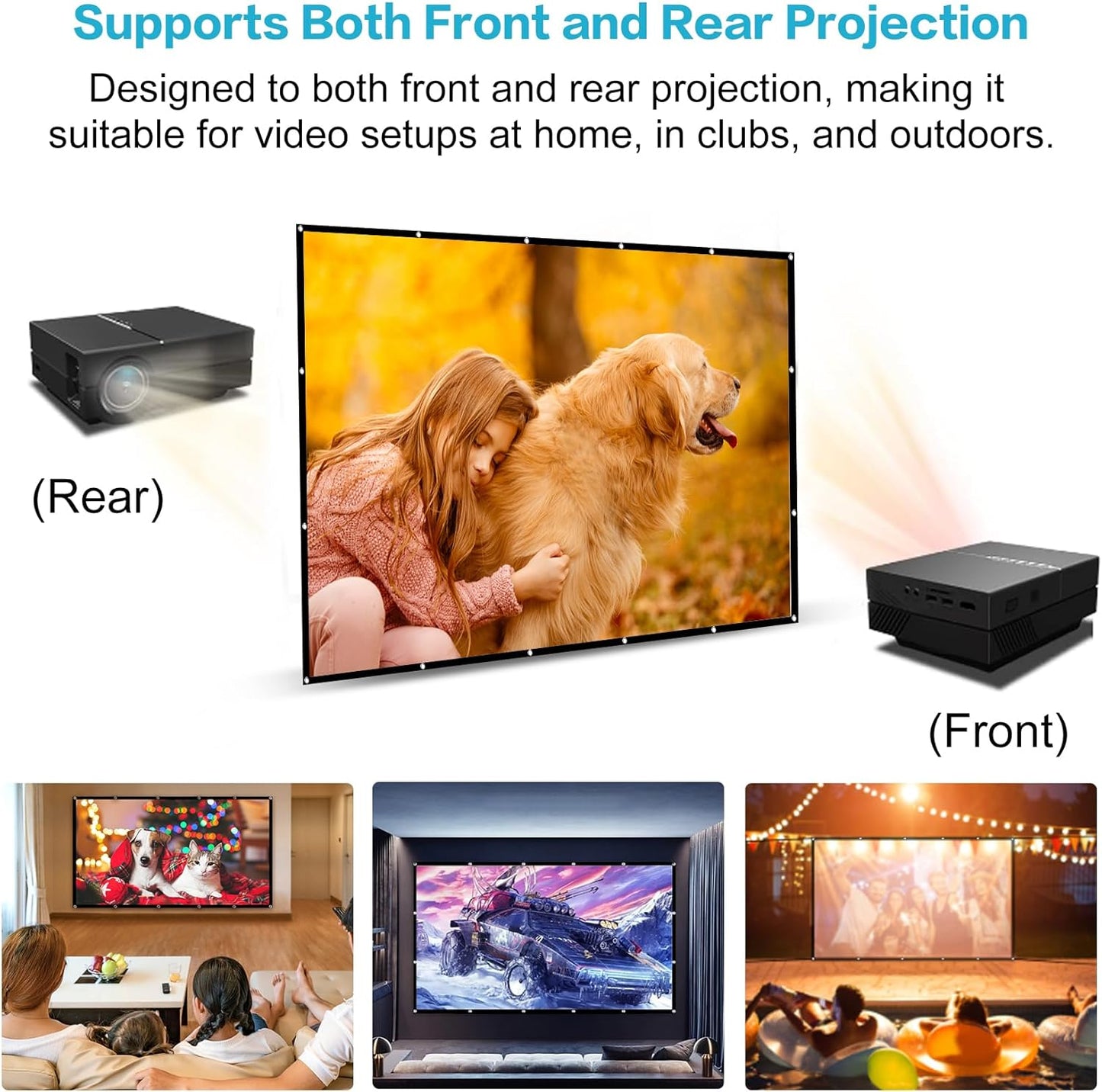 Taotique Projector Screen 120 inch, Movie Projector Screen 16:9 Foldable and Portable Anti-Crease Indoor Outdoor Projection Double Sided Video Projector Screen for Home, Party, Office, Classroom