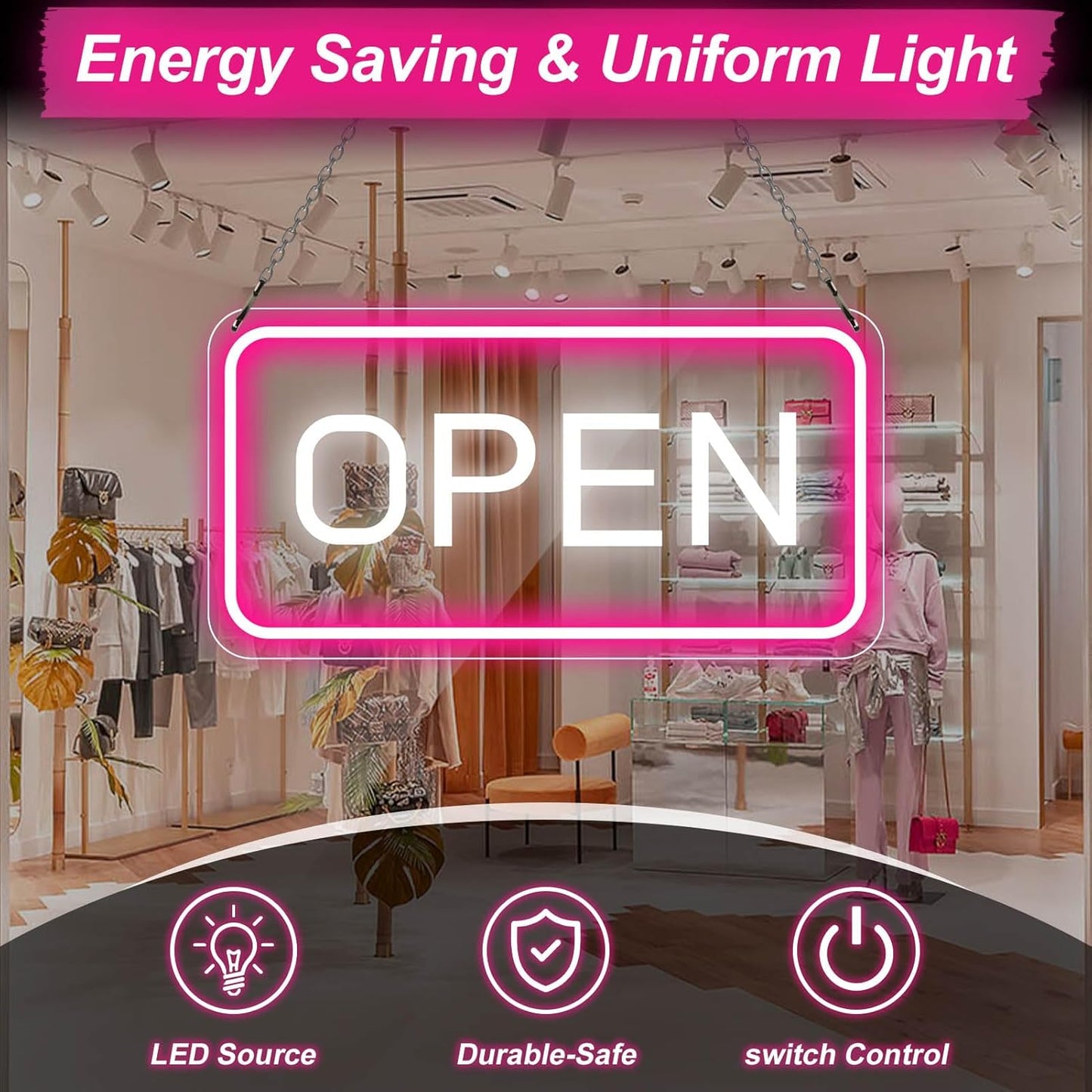 Neon Open Sign - 16''x 9'' LED Sign, Super Bright Pink & White Neon Light, ON/OFF Switch & Adapter, Perfect for Window, Party, Wall, Door, Coffee, Salon, Club, Hotel