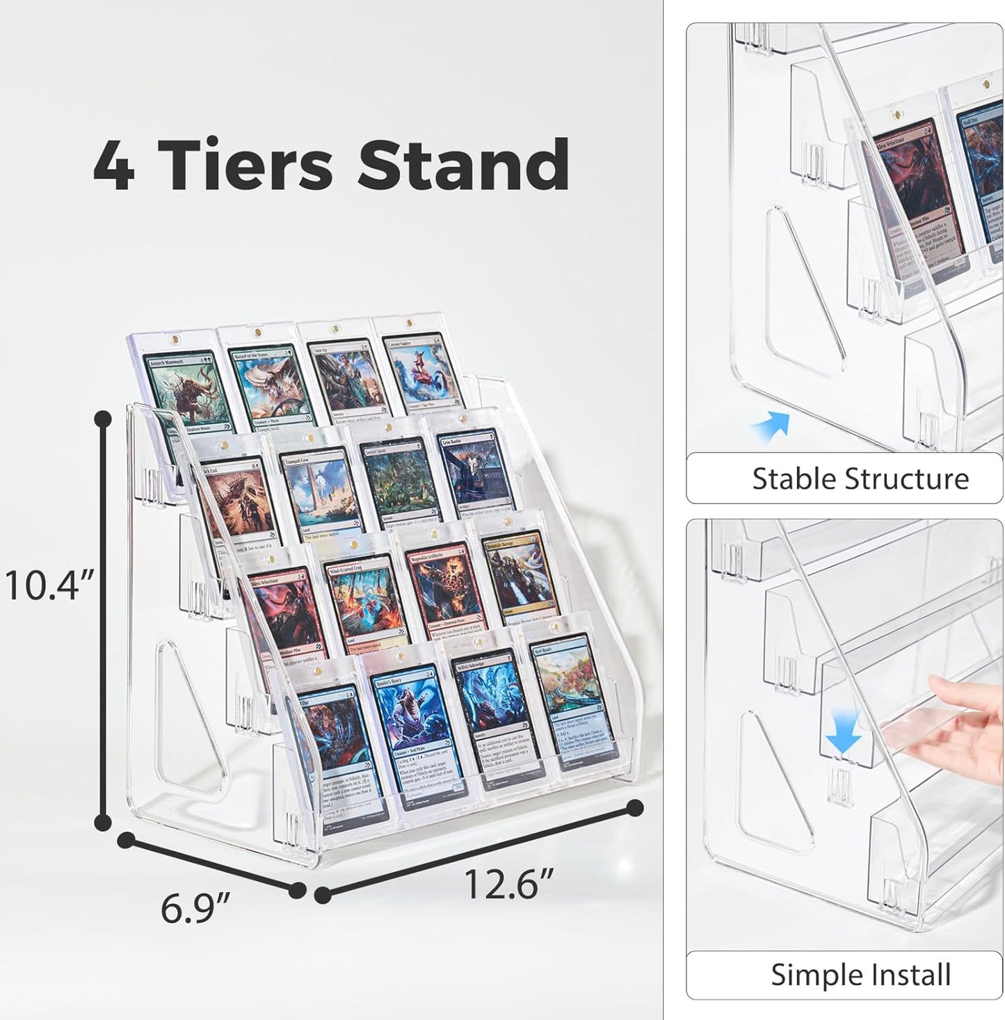 4 Tier Acrylic Trading Card Display Stand, 12" Riser Display Shelf for Magnetic Holders, Toploaders, PSA Graded Cards, TCG Sports Card Collection (1 PACK)