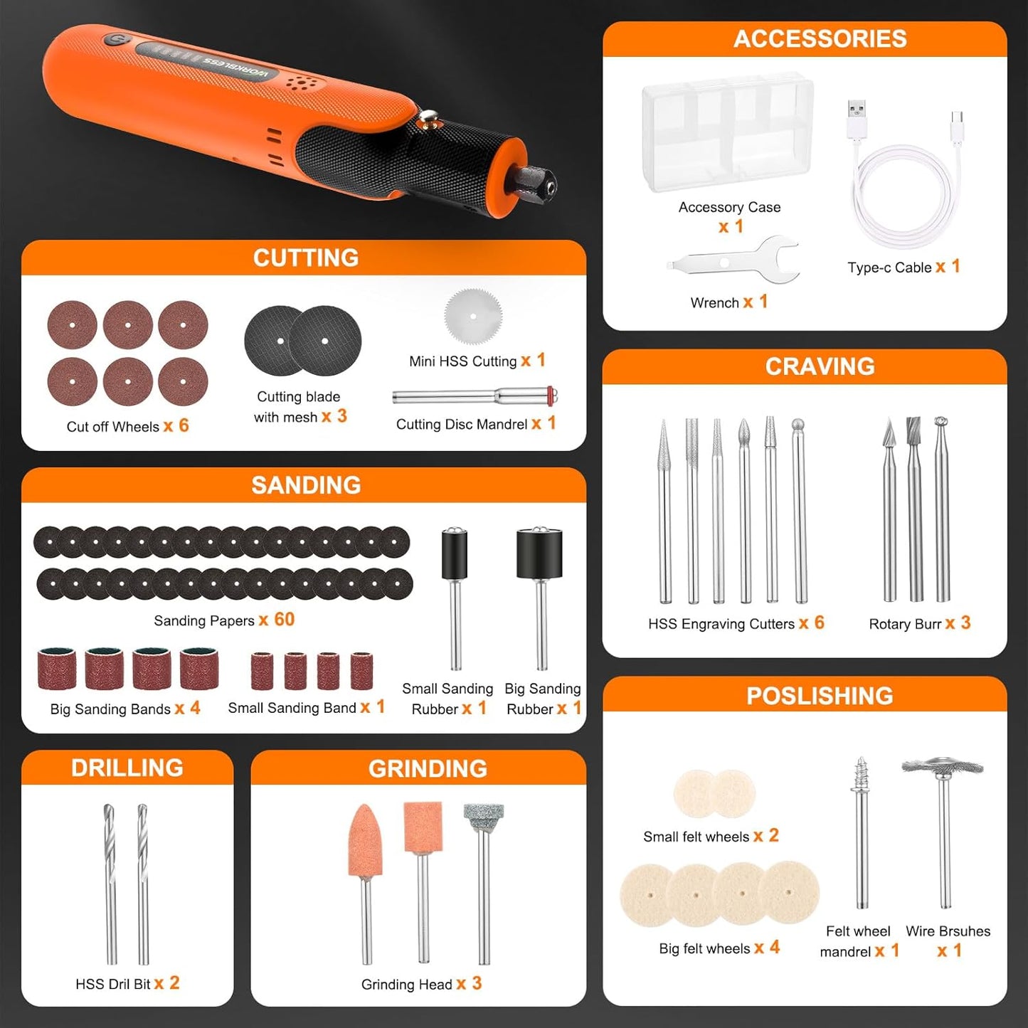 8V Cordless Rotary Tool Kit with 103pcs Accessories, USB-C Charging, 5-Speed 25000RPM mini cordless rotary tool， Power Rotary Tool for Engraving, Sanding, Drilling, Polishing, DIY Crafts
