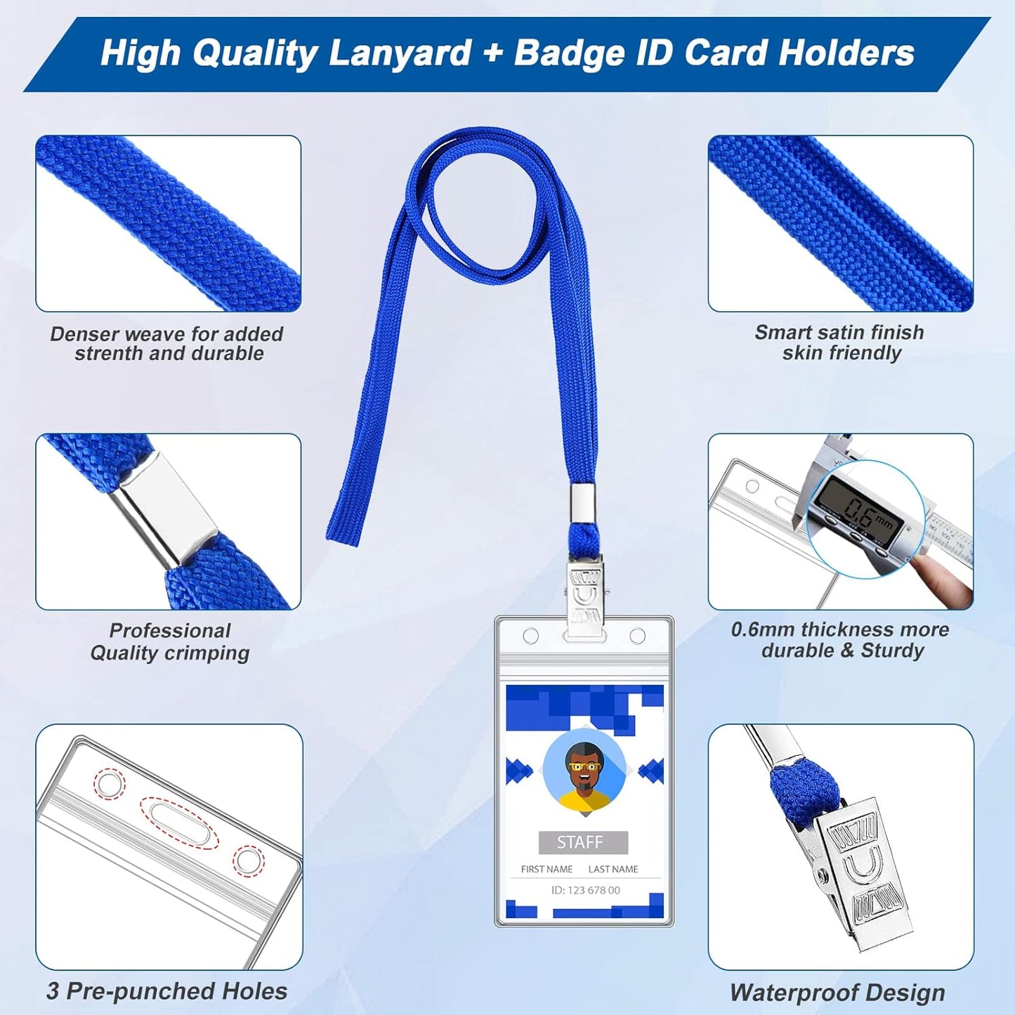 100 Sets Lanyards for Id Badges and Clear Plastic Vertical Name Badge ID Card Holders, Flat Neck Lanyards with Clip Waterproof Resealable Name Tag Badge ID Card Holders, Blue