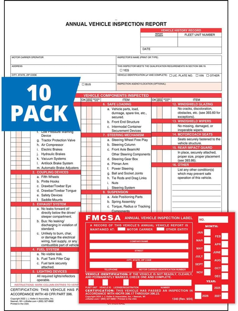 J. J. Keller 10-Pack, Annual Vehicle Inspection Report Form & Red FMCSA Label Aluminum, 3-Ply Carbonless Form, DOT Compliant
