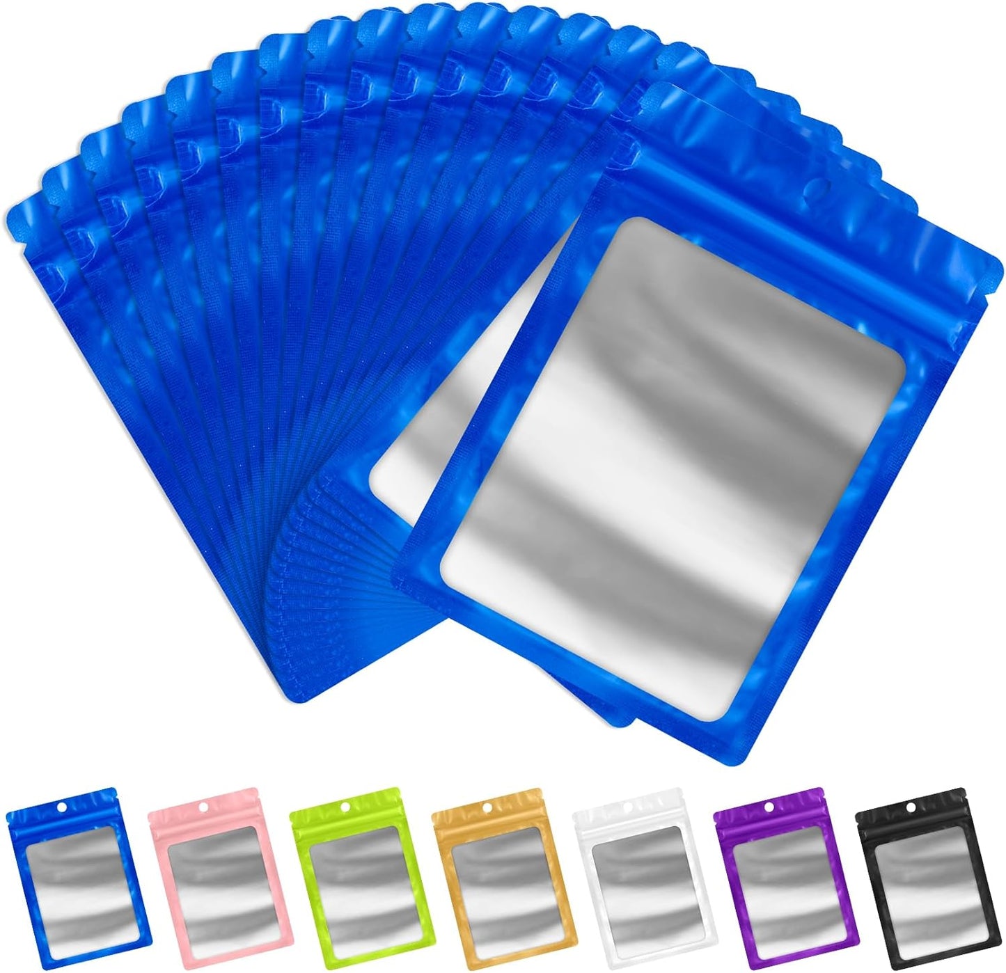FUNFERY 100 Pack Mylar Resealable Bags Foil Packaging Bags with Clear Window,Zipper Pouch Smell Proof Bag for Food Storage,Cookies,Sample,Small Business(Blue,4x6inch)
