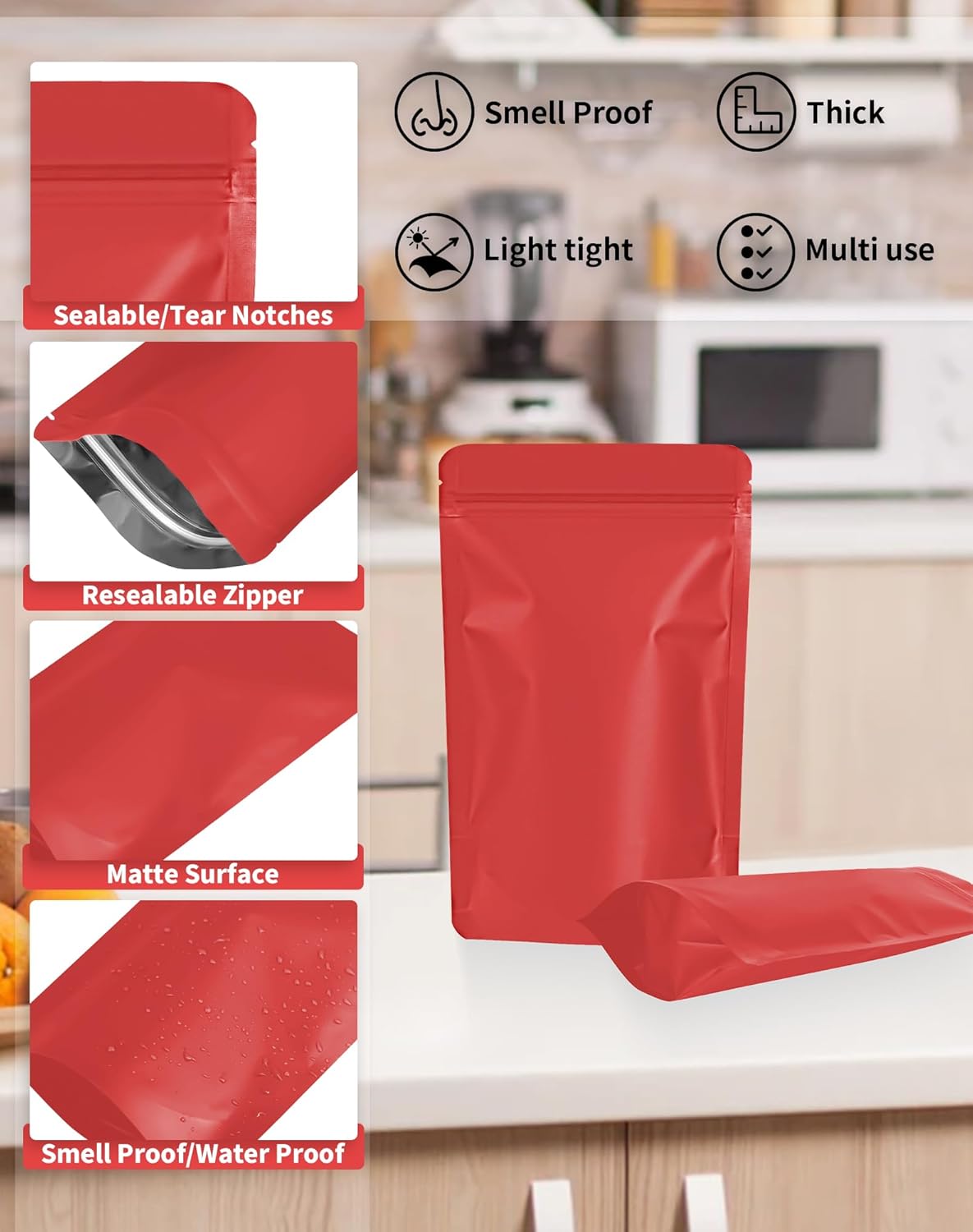 100 Pack Resealable Stand Up Bags,6.3" x 9.4" Smell Proof Pouch Sealable Foil Pouch Bags for Packaging (Red)