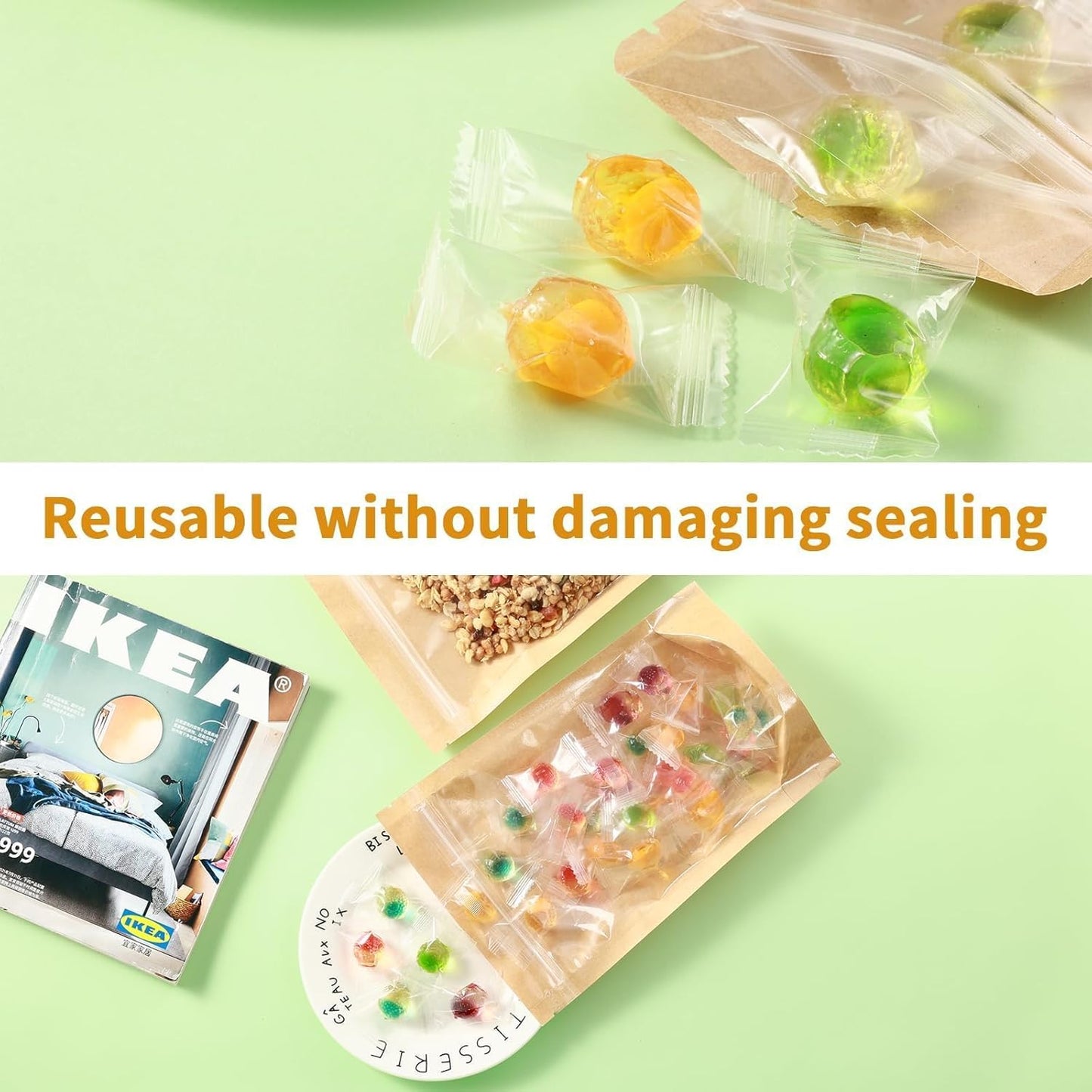 300-Pack Kraft Paper Bags with Clear Window 5" x 8" Reclosable Small Stand Up Mylar Bags for Food Storage Resealable Smell Proof Pouch, Edible Packaging, Reusable bags for Small Business