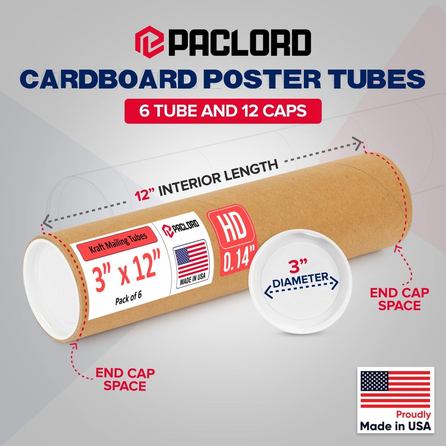 3" x 12" Heavy-Duty Reinforced Cardboard Mailing Tube, Pack of 6 Tubes with 12 Caps – Secure USPS Approved – Great for Shipping and Storing of Prints, Artwork, Posters or Documents
