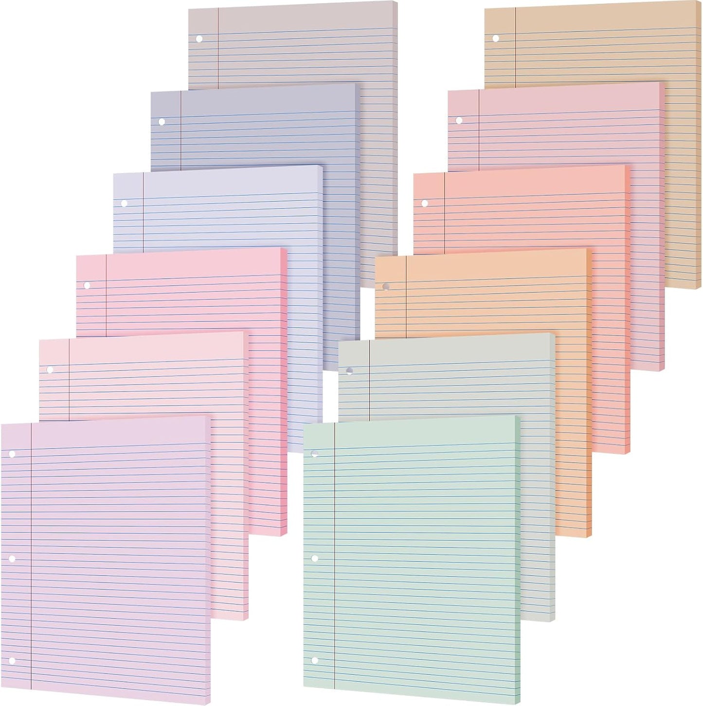 PerKoop 12 Pack 600 Sheets Colored Lined Paper Bulk Wide Ruled 8 x 10.5 Inches, Pastel Loose Leaf Notebook Paper 3 Hole Punched Filler for Back School Classroom Supplies(Fantasy Color)