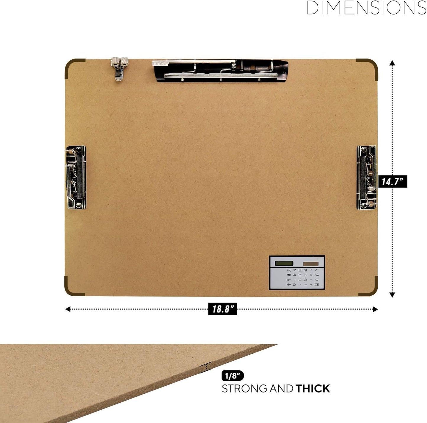 Performore 11x17 Hardboard Clipboard – Engineered Wood Drafting Boards with 3 Lever Clips & Built-in Calculator, Portrait Format Writing Surface for Architects, Engineers, and Classrooms (1 Pack)
