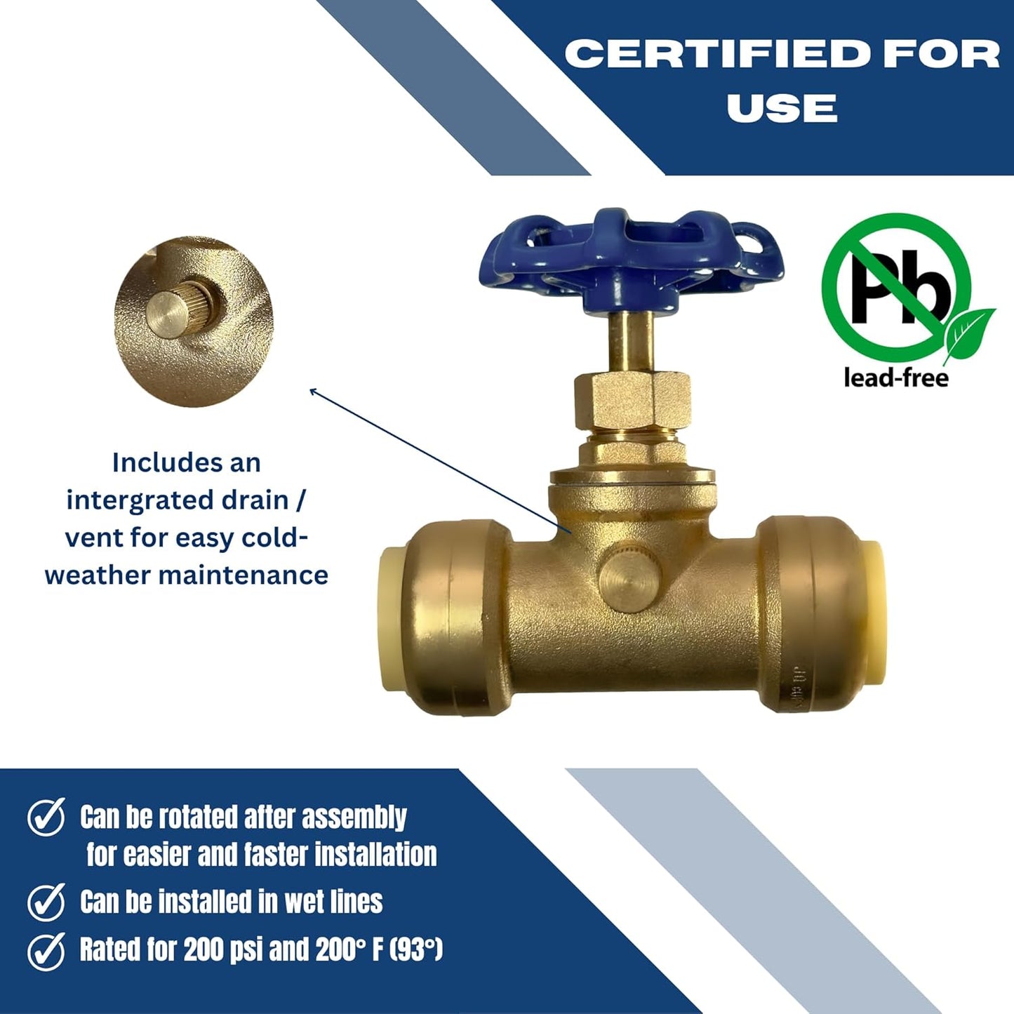 3/4 inch Push Fit Stop Valve with Drain and Vent, Push to Connect Brass Plumbing Fitting, Pex Pipe, Copper, CPVC, PE-RT, HDPE, 2-5-2=10, 10 Pieces