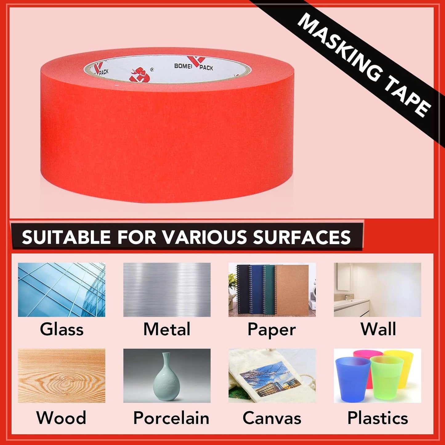BOMEI PACK 2 Inch Painters Tape, 2 Pack Paint Red Masking Tape 2 inch x 55 Yards for Walls Painting, Labeling, DIY Crafting, Decoration and School Projects