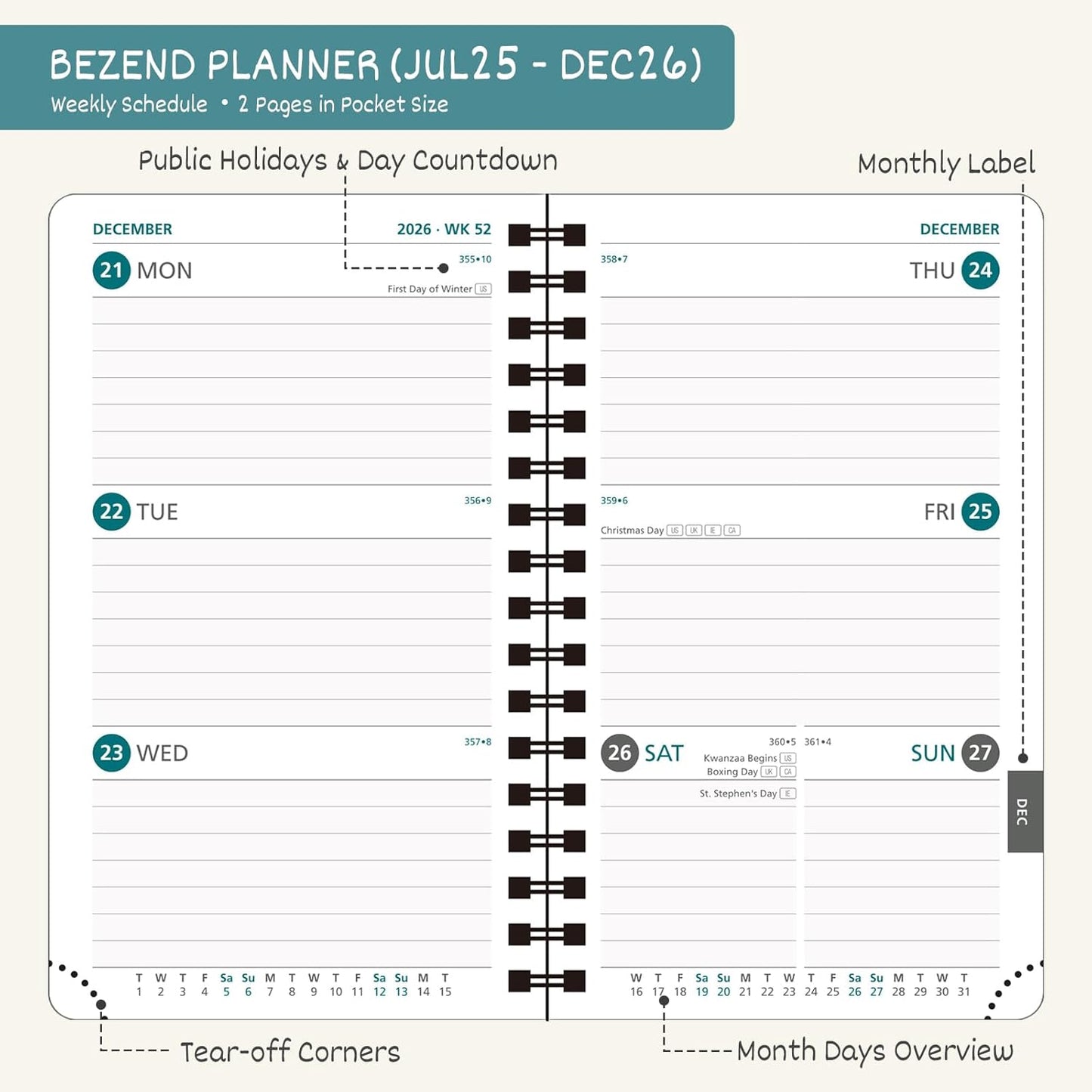 BEZEND Pocket Planner 2025-2026 Weekly and Monthly, 3.5" x 6" Academic Planner (Jul 25-Dec 26) 18-Month Mid-Year Calendar Book, Storage Pocket, Pen Holder, PU Leather Softcover, Spiral - Dark Green