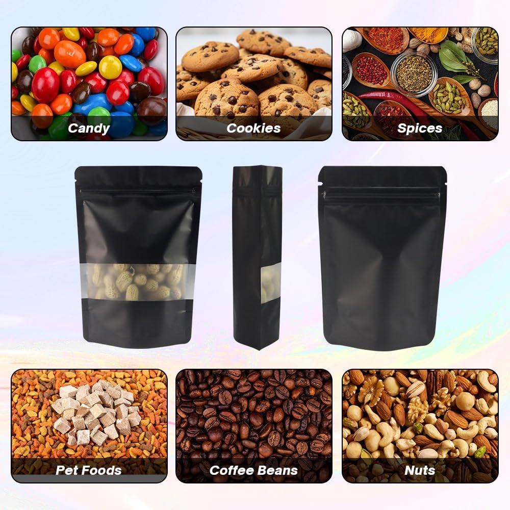 4CP 100 Pcs Black Zipper Smell Proof Bags with Window, 3.5x5.0 Inch Stand Up Foil Pouches for Food Selfsealing Storage, Reusable Bag for Packaging Small Business, Cookies, Nunt, Candy