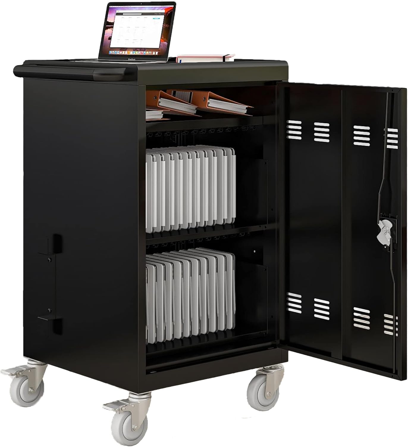 30-Device Mobile Charging Cart with Charging Power Strip and Front and Rear Access Locks, Cable Management, Up to 17"", Safe Charging Cabinet for Ipads, Chromebooks, Tablets, Laptops Black