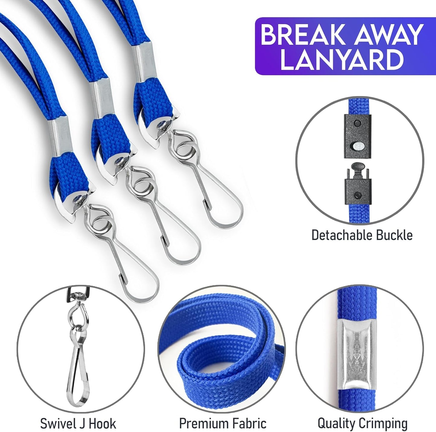 Safety Breakaway Lanyard with J-Hook – Flat Bulk Lanyards for ID Badges, Name Tags & Card Holders – 50 Pack Premium Cruise, Work, School Lanyards for Women & Men – Blue, Breakaway for Safety