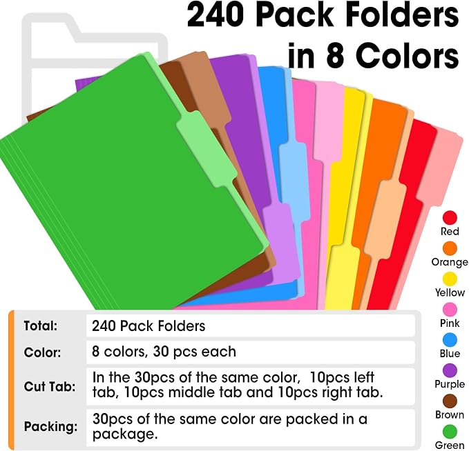 240 Pack Colored File Folders, 1/3 Cut Tab File Folders Letter Size 8.5 x 11 - Image 5
