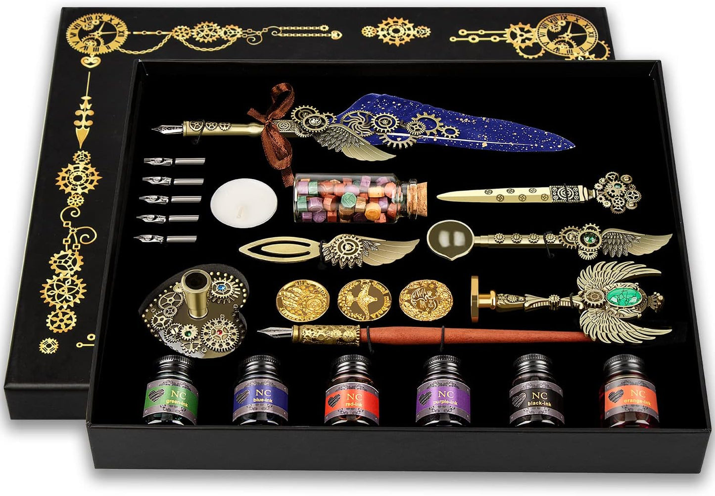 NC Quill & Feather Calligraphy Pen Set, Wax Seal Stamp - Valentine's & Birthday Gift, Ideal for Various Holidays (Blue)