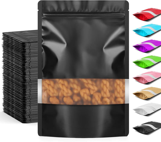 Funfery 100 Pcs Smell Proof Packaging Bags,Mylar Clear Bags for Food Storage,Sealable Bag for Packaging,Stand Up Pouches with Window,ReSealable Bag for Small Business,Cookies,Candy(Black,3.5x5.1in)