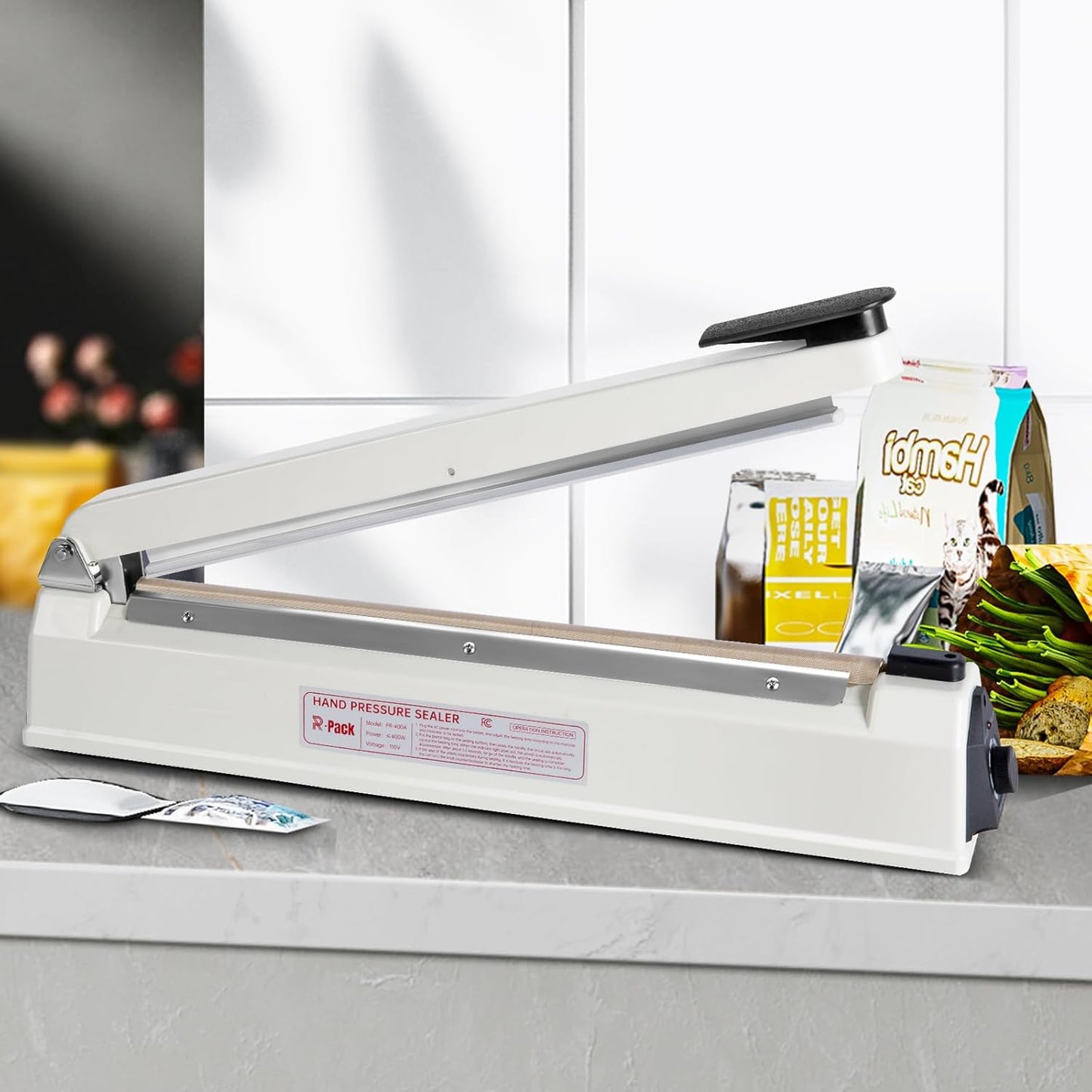 Impulse Heat Sealer with Cutter, Heavy-Duty Bag Sealing & Cutting Machine, 2 Extra Replacements (White, 12-Inch)