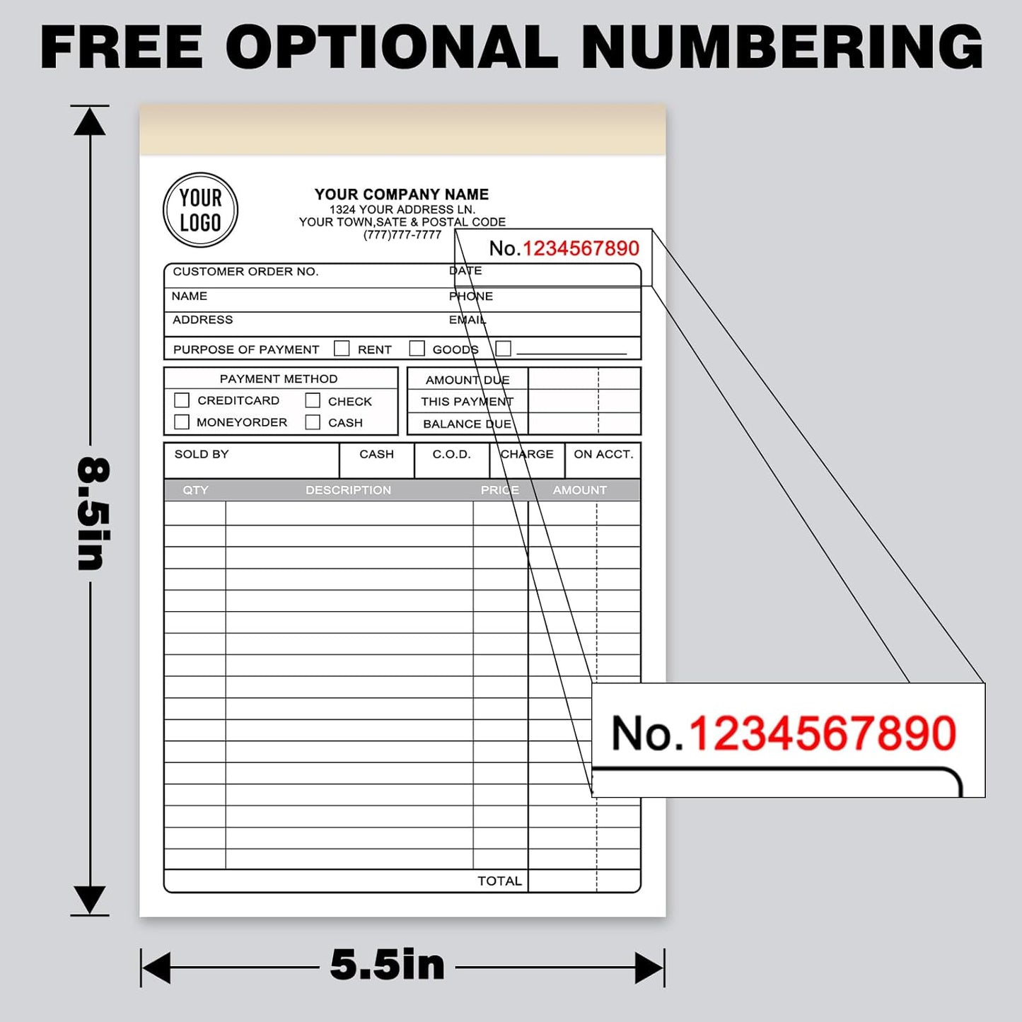 Custom Sales Invoice Personalized Carbonless NCR Forms with Company Name/Logo Personalized Invoice, Receipt Book, Work Sales Purchase Orders, Estimates, Quote Forms 5.5" x 8.5" - 2 Part(100 Sets)