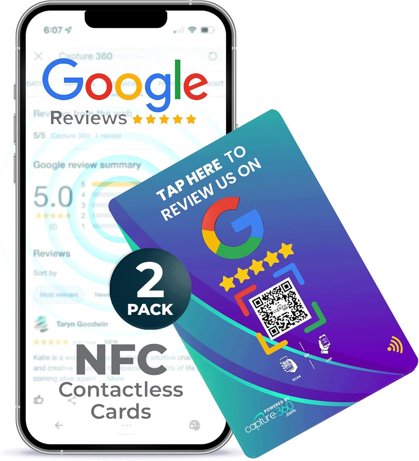 Google Review NFC & QR Tap Card by Capture 360, NFC Instant Review card, All Phones Compatible, Friendly Dashboard, Live Analytics, Reusable Card, Boost Business Feedback (Blue, 2-Pack Google Cards)