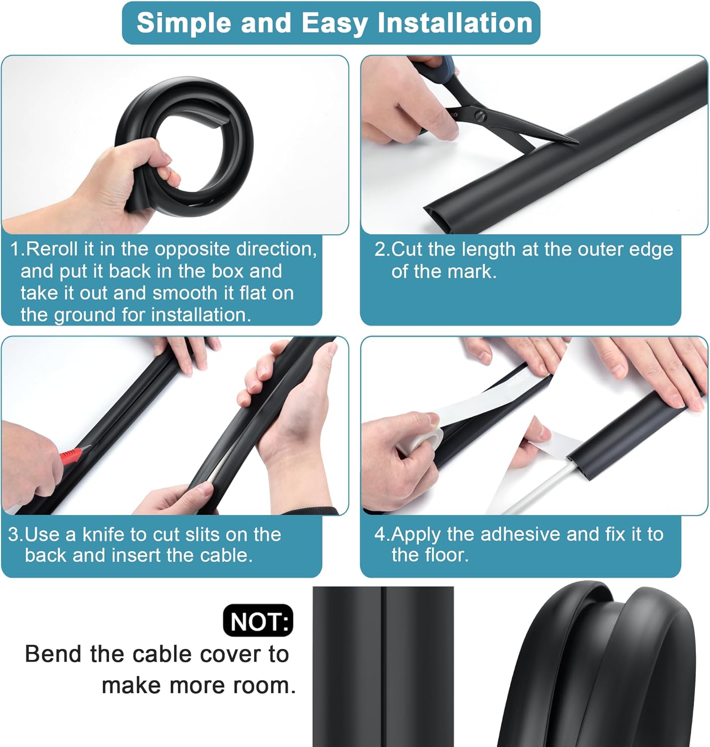 Floor Cable Cover 3ft White, LZEOY Cord Covers for Wires on Floor, Cord Hider Floor Cable Management, Extension Cord Floor Cover Low Profile, Floor Cord Cover for Office/Carpet/Floor