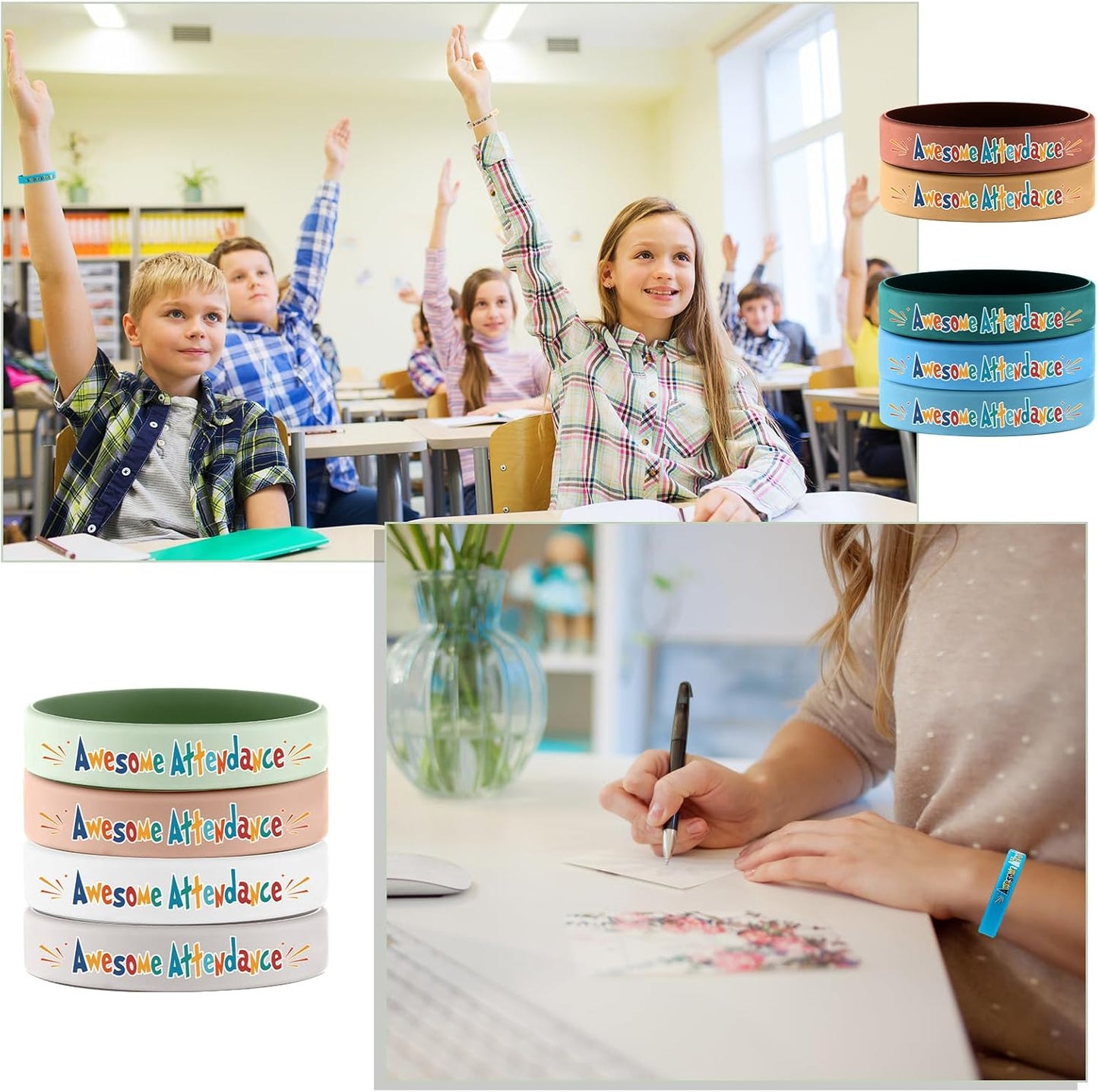 30 Pcs Awesome Attendance Wristbands for Students, Perfect Attendance Awards for Classroom Prizes, Unisex Stretch Silicone Motivational Wristbands for Student from Teacher Classroom Prizes