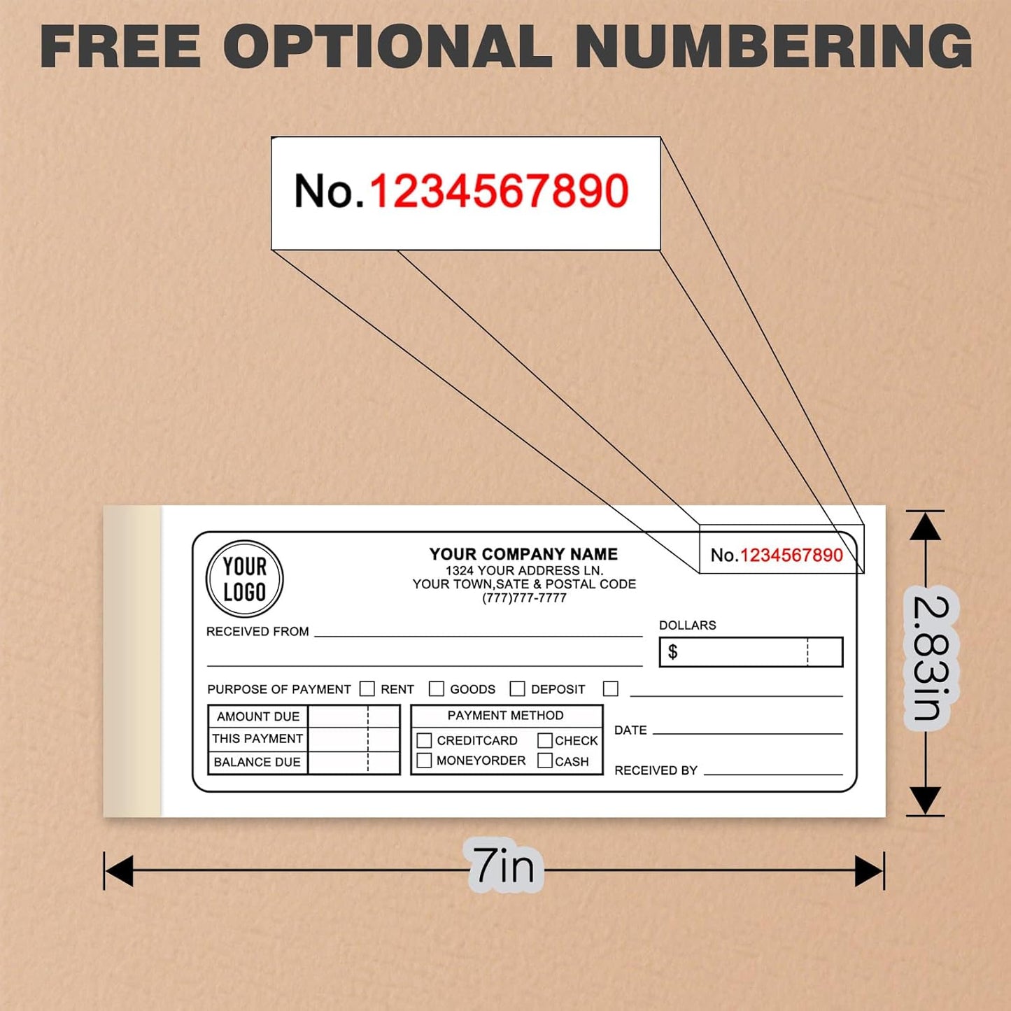 Custom 2.83" x 7" Invoices Receipts Carbonless Books in 3-Part Duplicate Personalized Company Address Name Phone Number 50 Sets