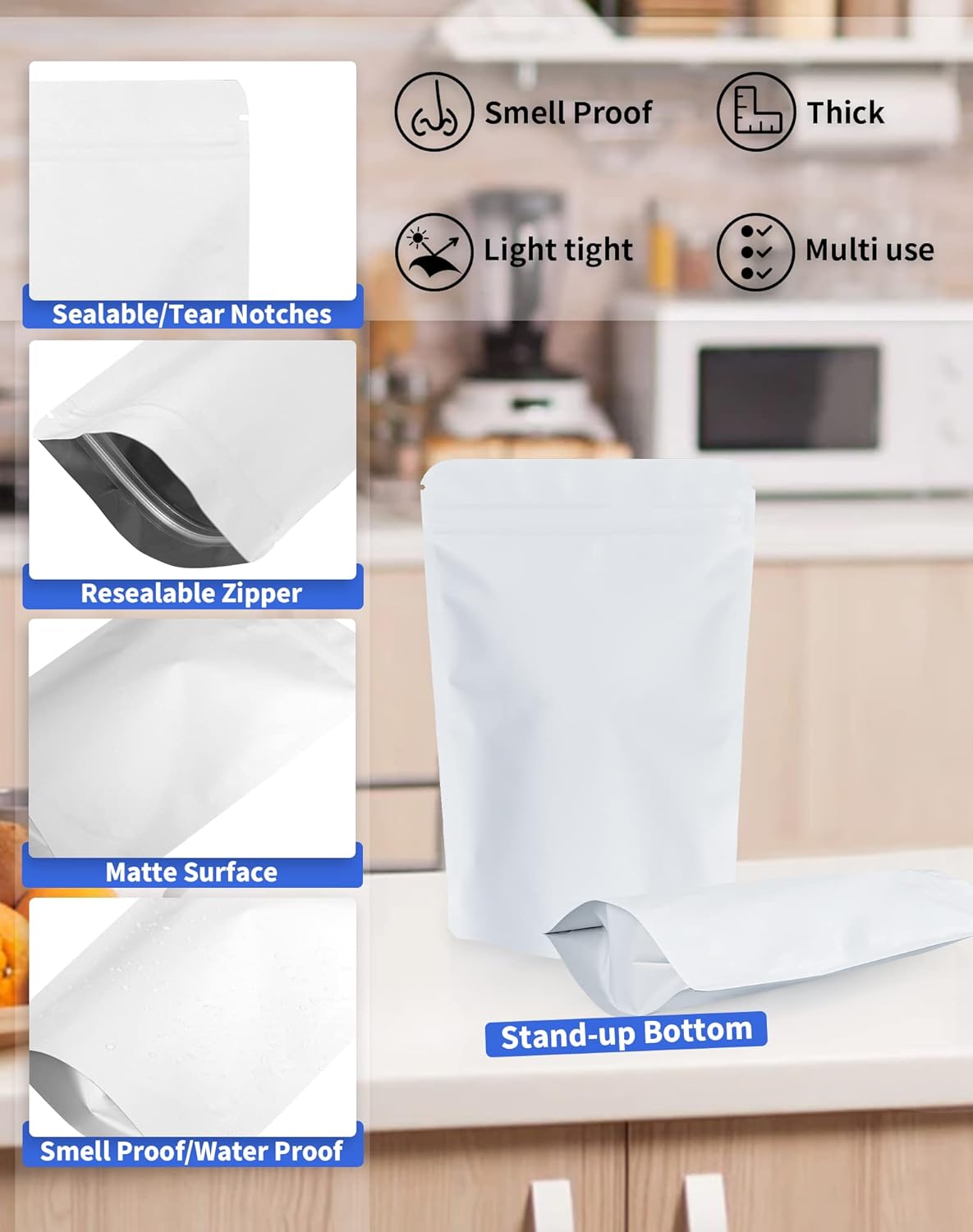 100 Pack Resealable Stand Up Bags,4.7" x 7.9" Smell Proof Pouch Sealable Foil Pouch Bags for Packaging (White)