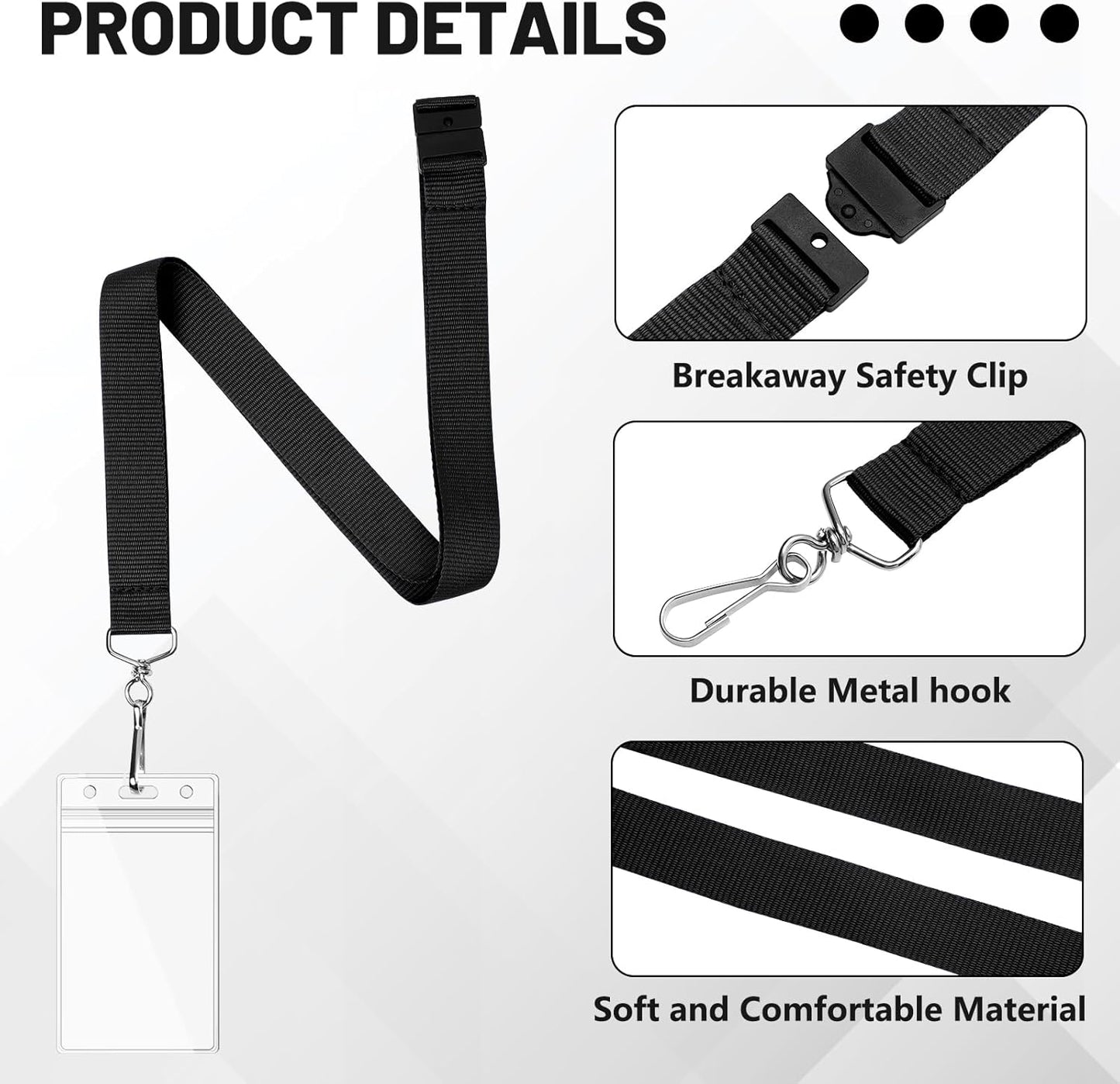 Breakaway Lanyards with Waterproof Badge Holders, Polyester Neck Straps for ID Cards, Events, Office, and Schools (12, Black)