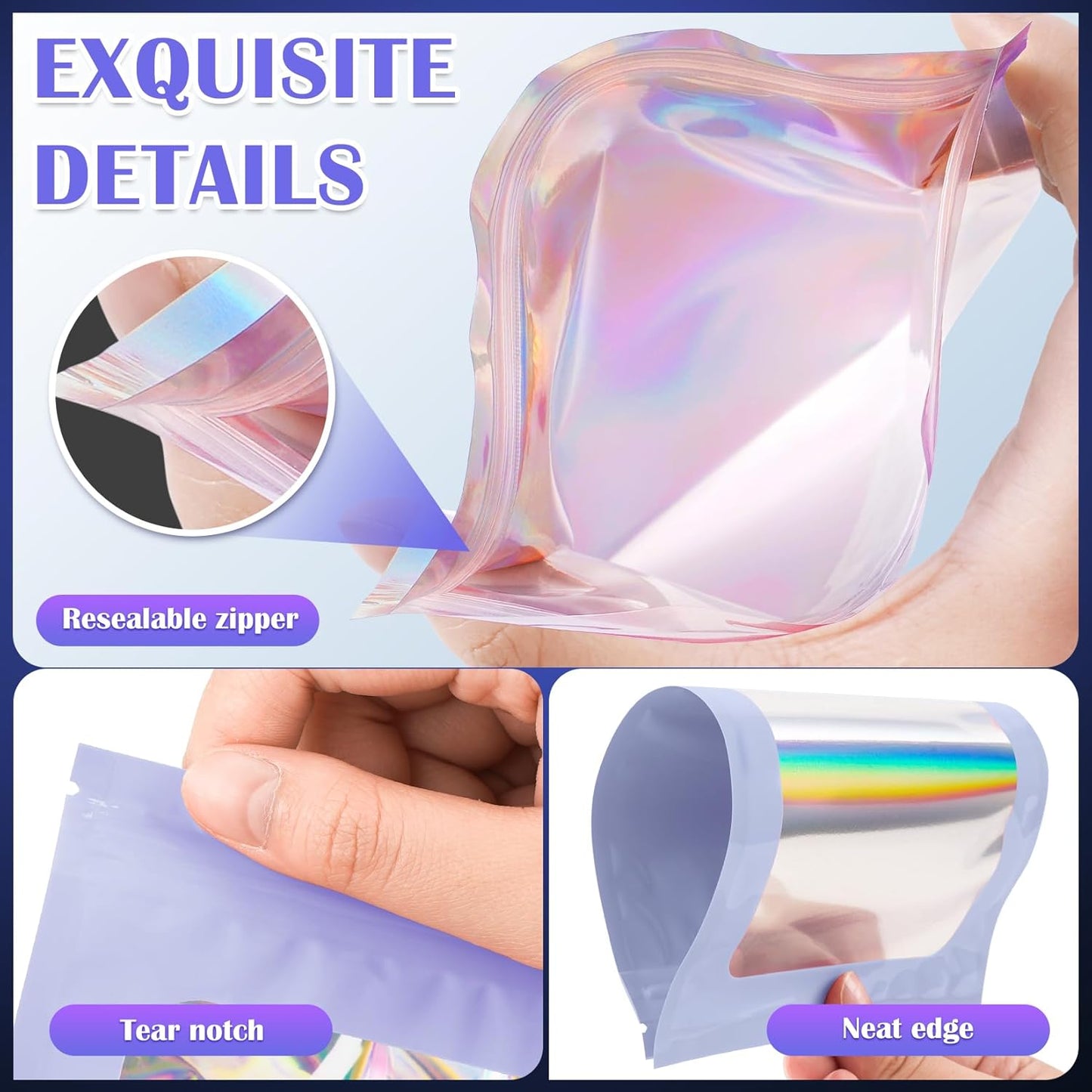 100 Pcs Mylar Bags, Smell Proof Bags Foil Pouch, Holographic Resealable Bags for Small Business, Candy Sample Jewelry Bag Sealable Packaging for Party Favor Food Storage (2.8x3.9in-Purple)