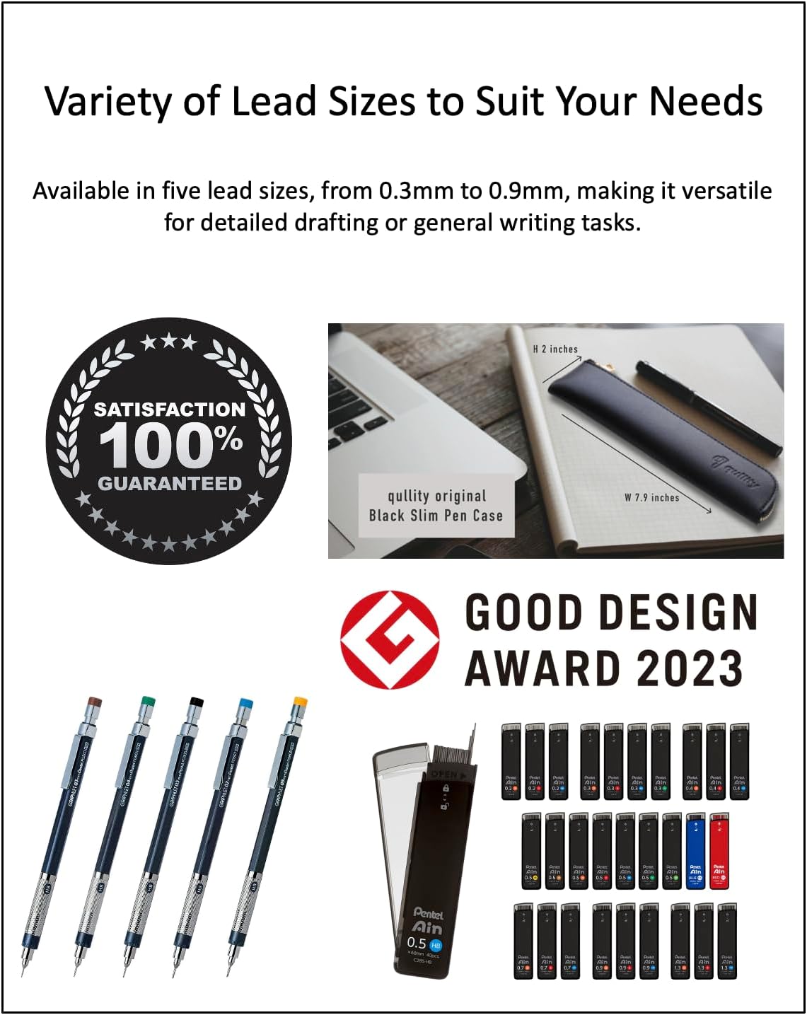 Graphlet Mechanical Drafting Pencil + Ain HB/B/2B leads, original Black slim pen case (5 sizes)