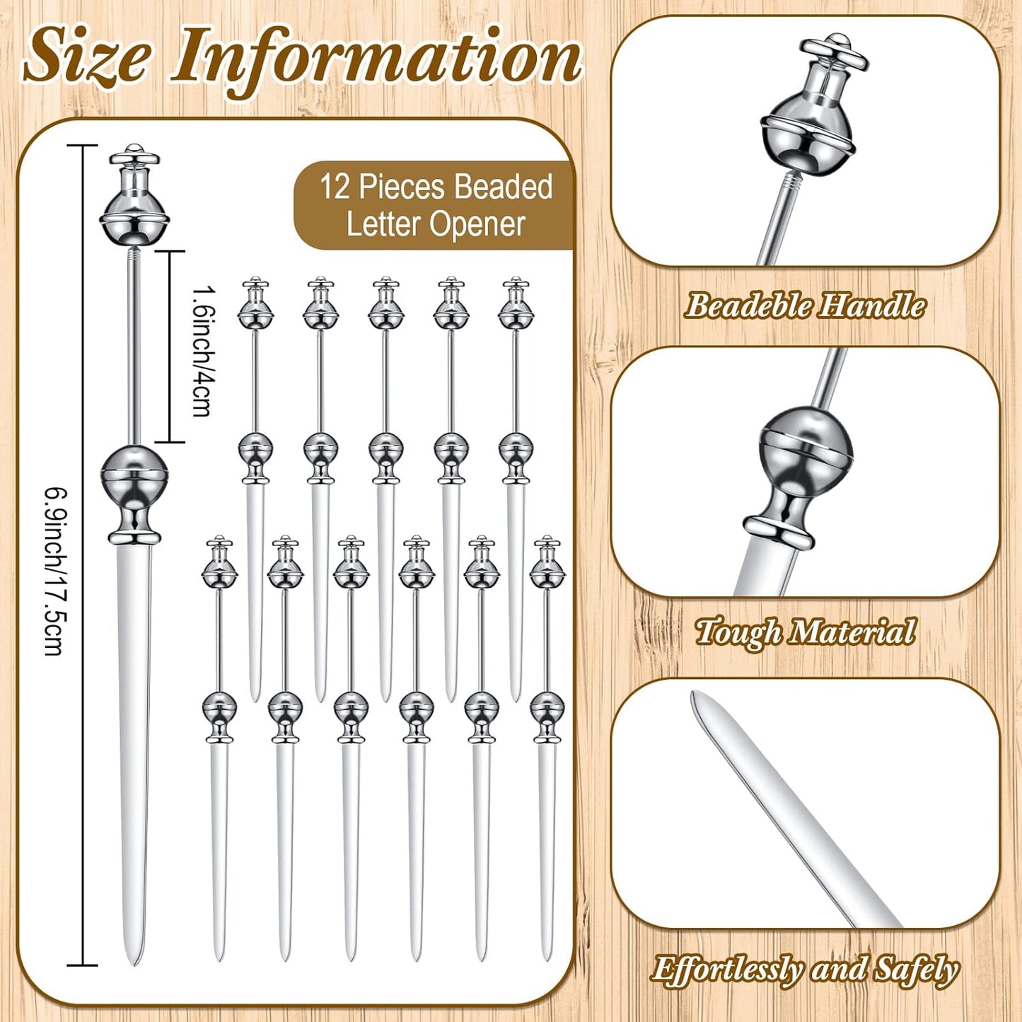 Outus 12 Pieces Beaded Metal Letter Opener Envelope Knife Beadable Letter Opener Stainless Steel Slitter for Gift Office Home DIY Supplies(Silver)