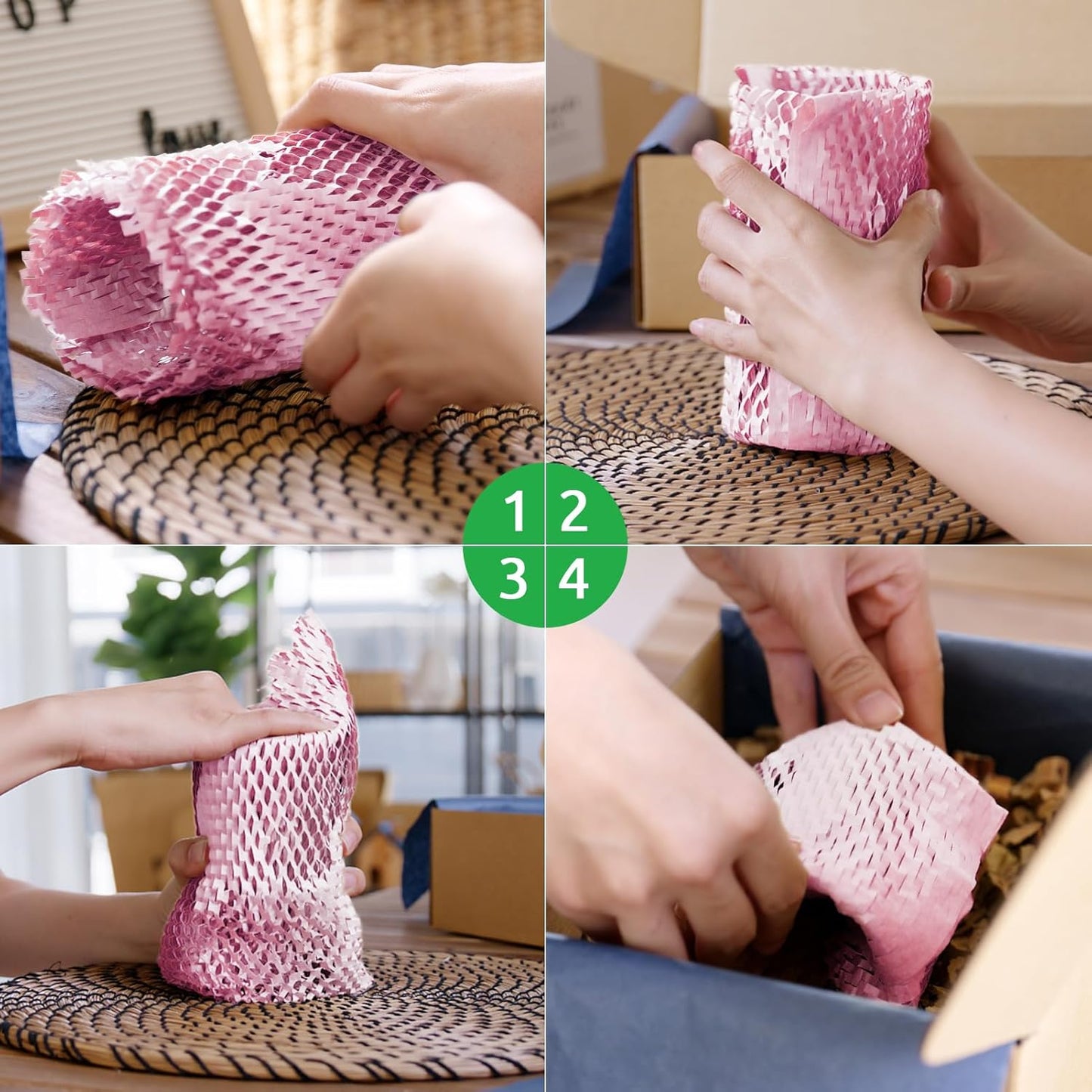 Honeycomb Packing Paper 15"x131' Recyclable Honeycomb Paper Moving Supplies Bubble Paper Wrapping Protective Roll with 30 Fragile Sticker Labels and 66ft of Jute rope (Light pink)
