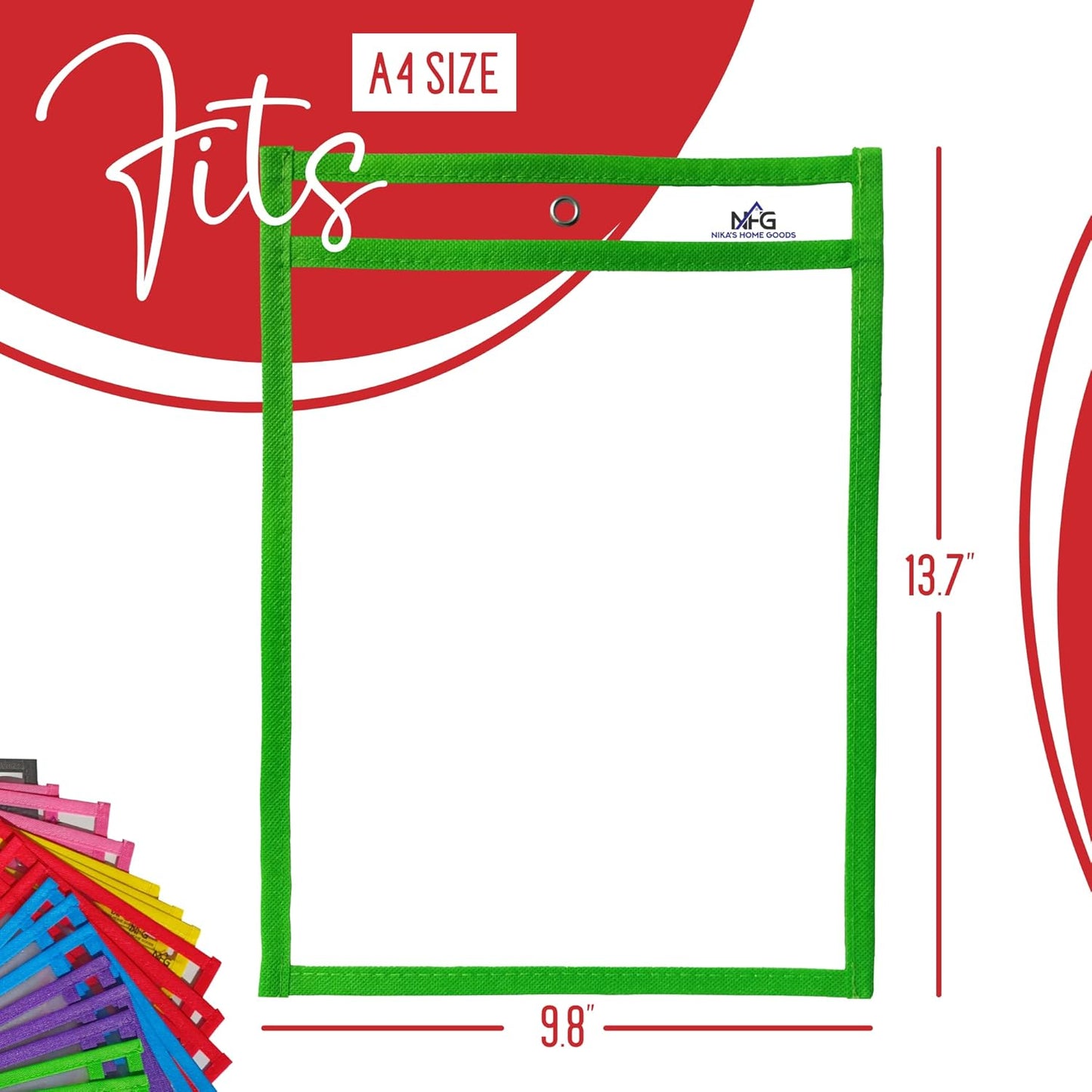 12 Packs Oversized Dry Erase Pockets Sleeves - 10 Assorted Colors with Binder Ring - Dry Erase Sheets Reusable - 10x14 Ticket Holders - Clear Plastic Sheet Protectors for Classroom Teacher Supplies