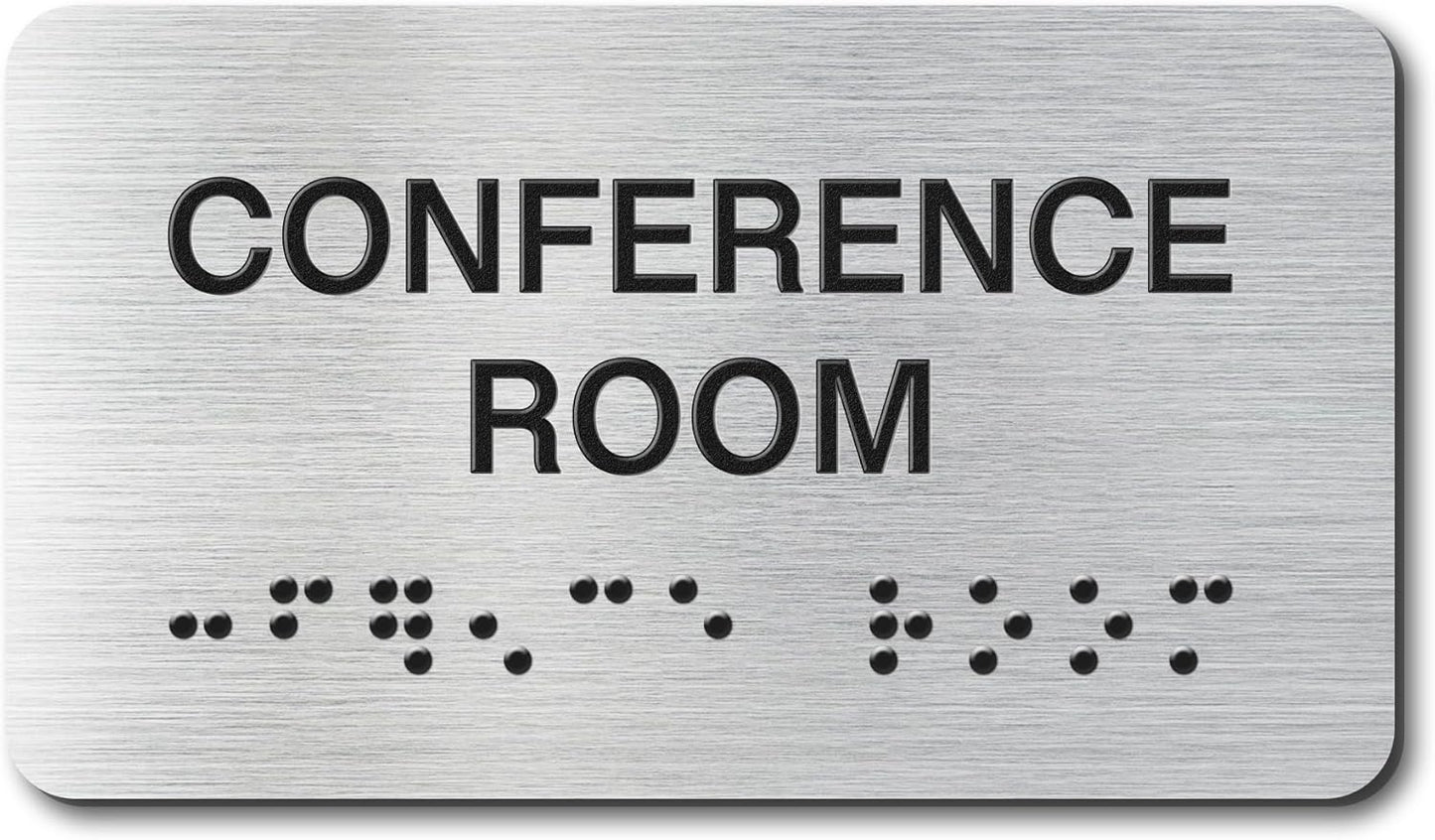 Conference Room Signs with Raised Text & Grade 2 Braille, Brushed Aluminum/Silver Finish Easy Install with Double-Sided Tape, ADA Compliant Conference Room Office Door Sign