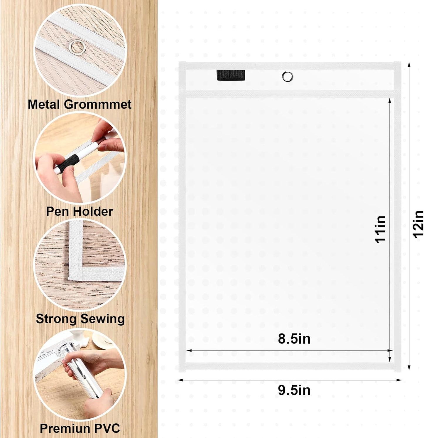 Nezyo Dry Erase Pockets Plastic Job Ticket Holders Shop Holder Order Pockets Clear Sleeves Tickets Folders Plastic Sleeves Paper Teacher Supplies for Classroom (12 x 9.5 in,White,50 Pcs)