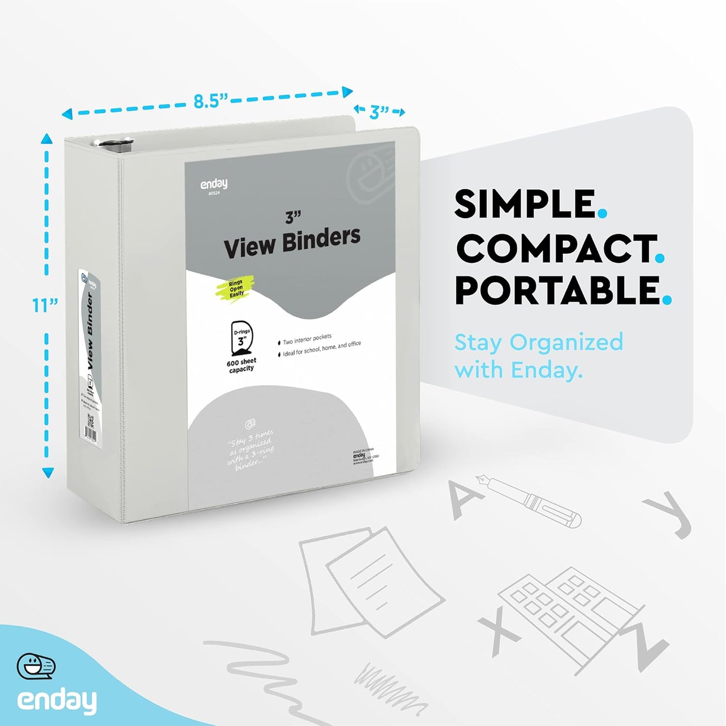3 Slant D-Ring Binder 3 Inch Grey, 3 in Clear View Cover with 2 Inside Pockets Binder, Heavy Duty Colored School Supplies Binders,Also Available in Green, Red, Purple, Blue, Pink (12 PC) – by Enday