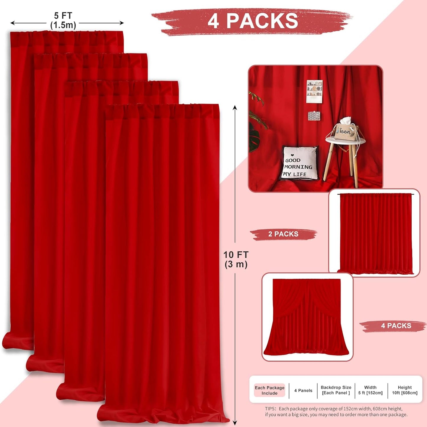 Red Backdrop Curtains Photography Background Drapes 20ft x 10ft Polyester Fabric Panels for Birthday Anniversary Ceremony Decorations