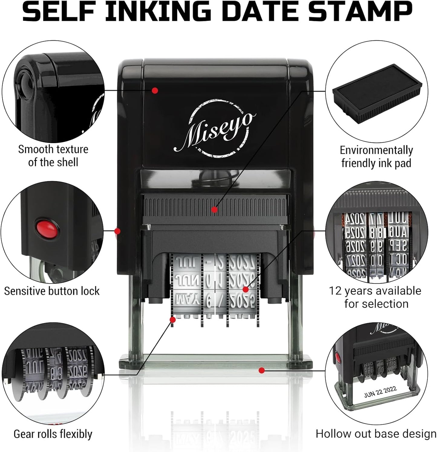 Miseyo Self Inking Date Stamp - Black (2 Black Refill Ink pad Included)
