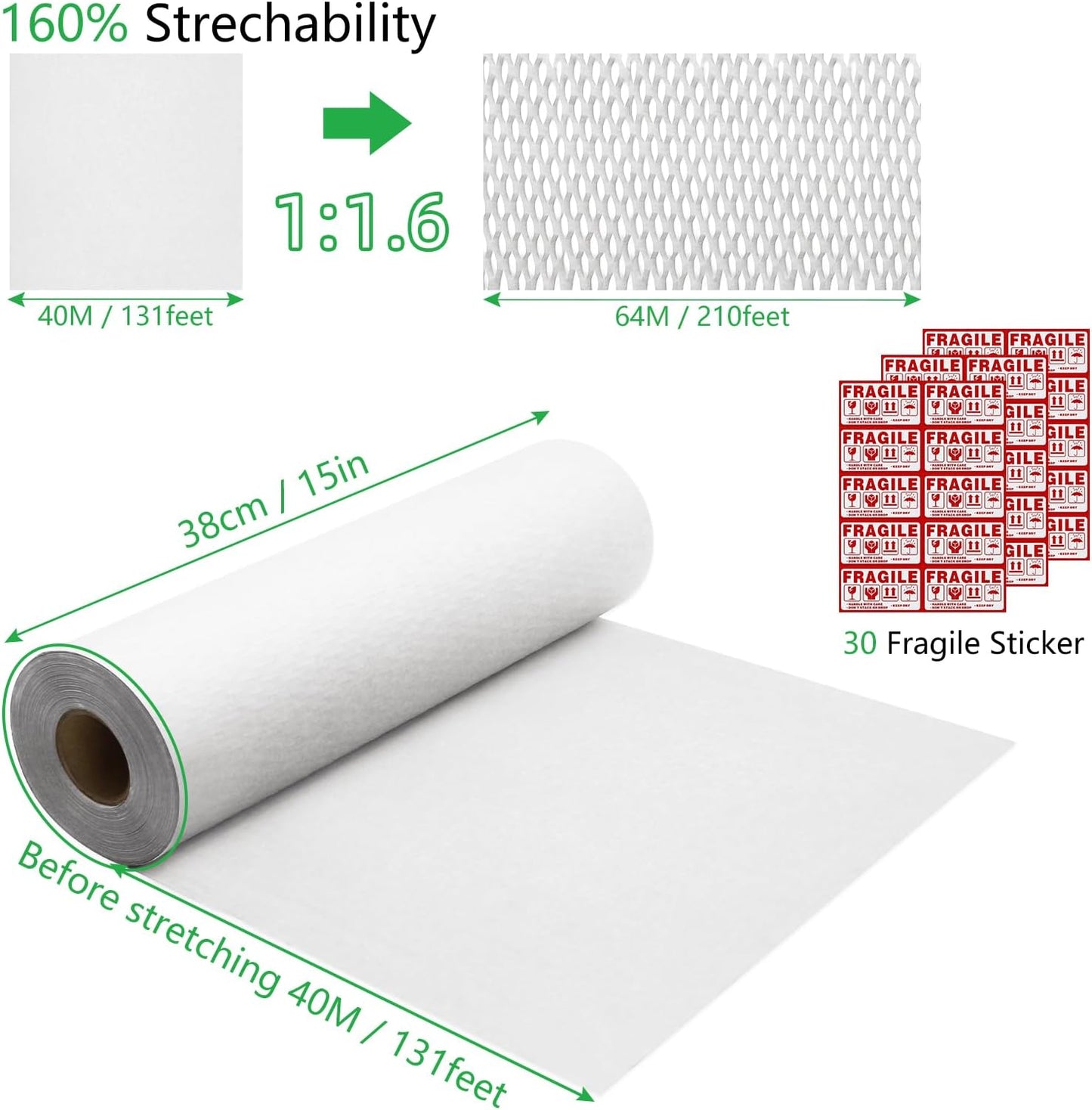 Honeycomb Packing Paper PINENUTS 15" x 131' Eco Friendly Packing Paper for Moving Recyclable Honeycomb Paper Bubble Paper Wrapping with 30 Fragile Sticker Labels and 66fthemp rope (White)