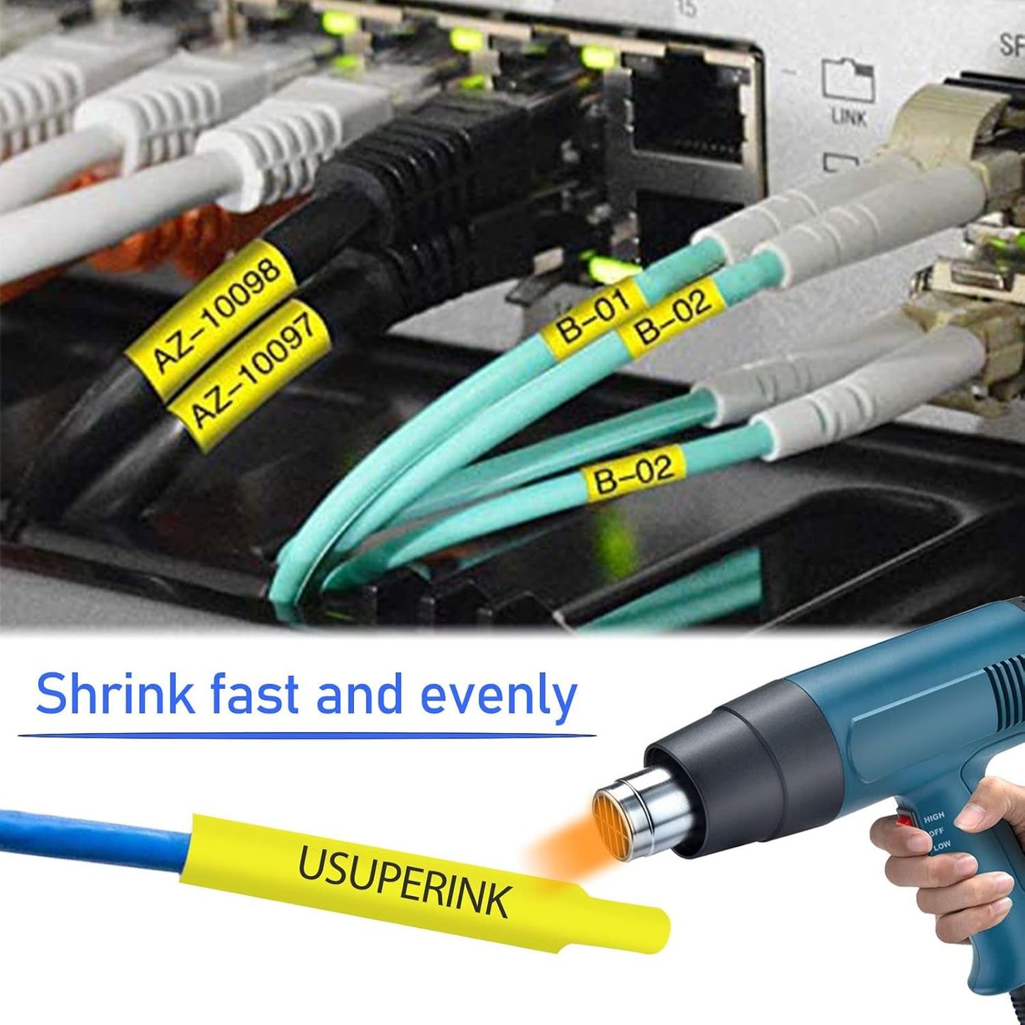 10PK Compatible for Ptouch HSe-611 HSe611 HS-611 HS611 Black on Yellow 5.8mm 0.23'' Heat Shrink Tubing for Wire Cable for PT300 PT-300B PT310 PT310B PT320 Label Maker Tape
