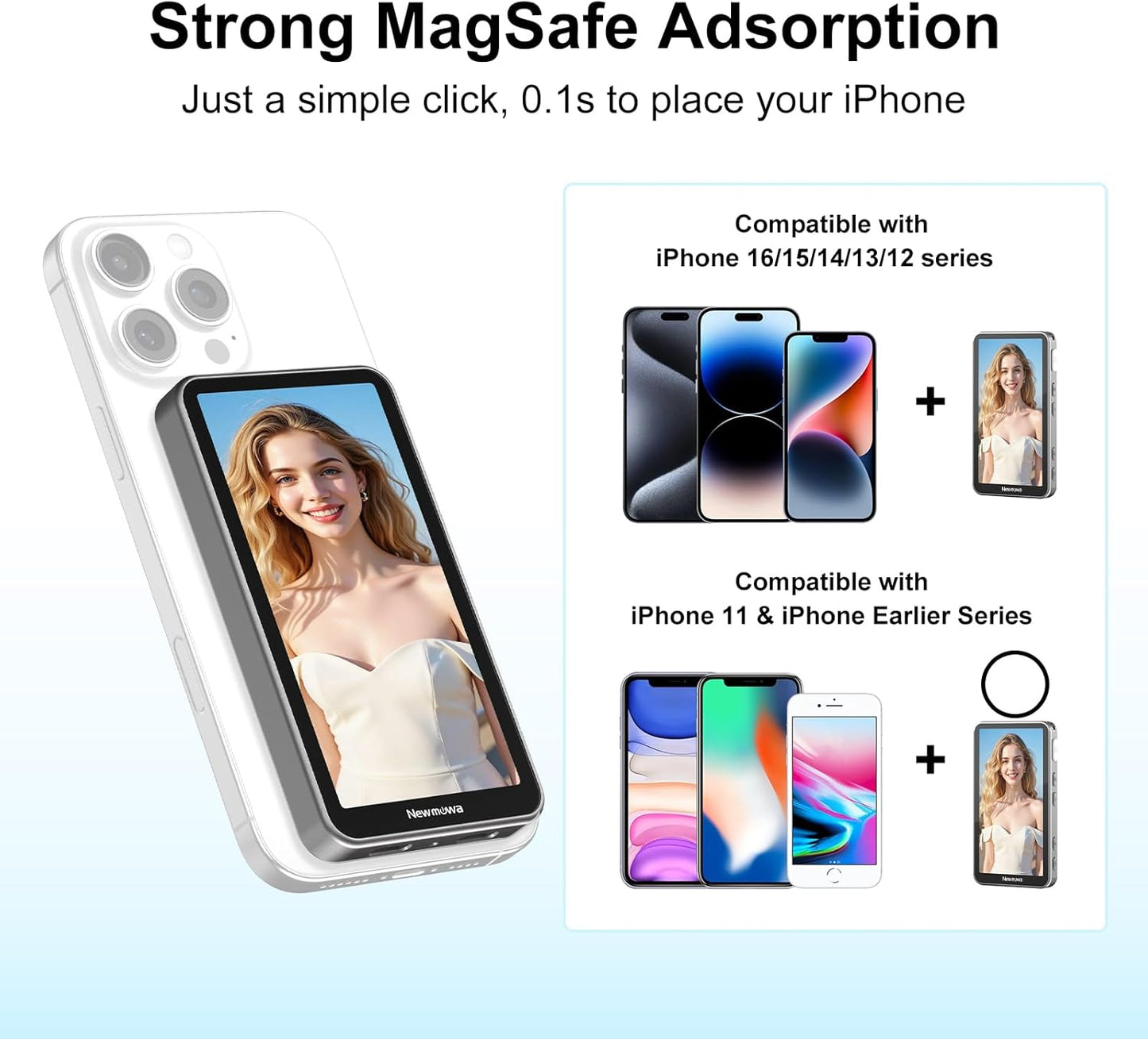 Newmowa Touchscreen Phone Vlog Selfie Monitor Screen, Magnetic Wireless Back Camera Selfie Monitor with Focus Adjustment ONLY for iPhone, Support 4K 30fps Wireless Recording for iPhone 15/16(Grey)