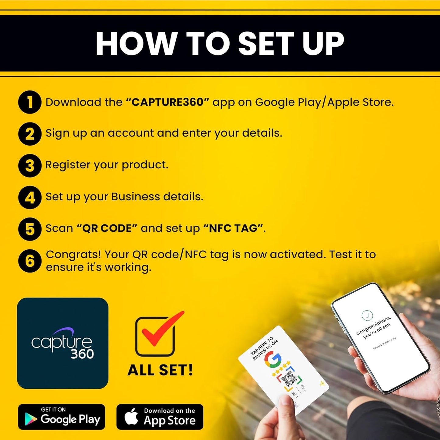 Google Review NFC & QR Tap Card by Capture 360, NFC Instant Review card, All Phones Compatible, Friendly Dashboard, Live Analytics, Reusable Card, Boost Business Feedback (White, 3-Pack Google Cards)