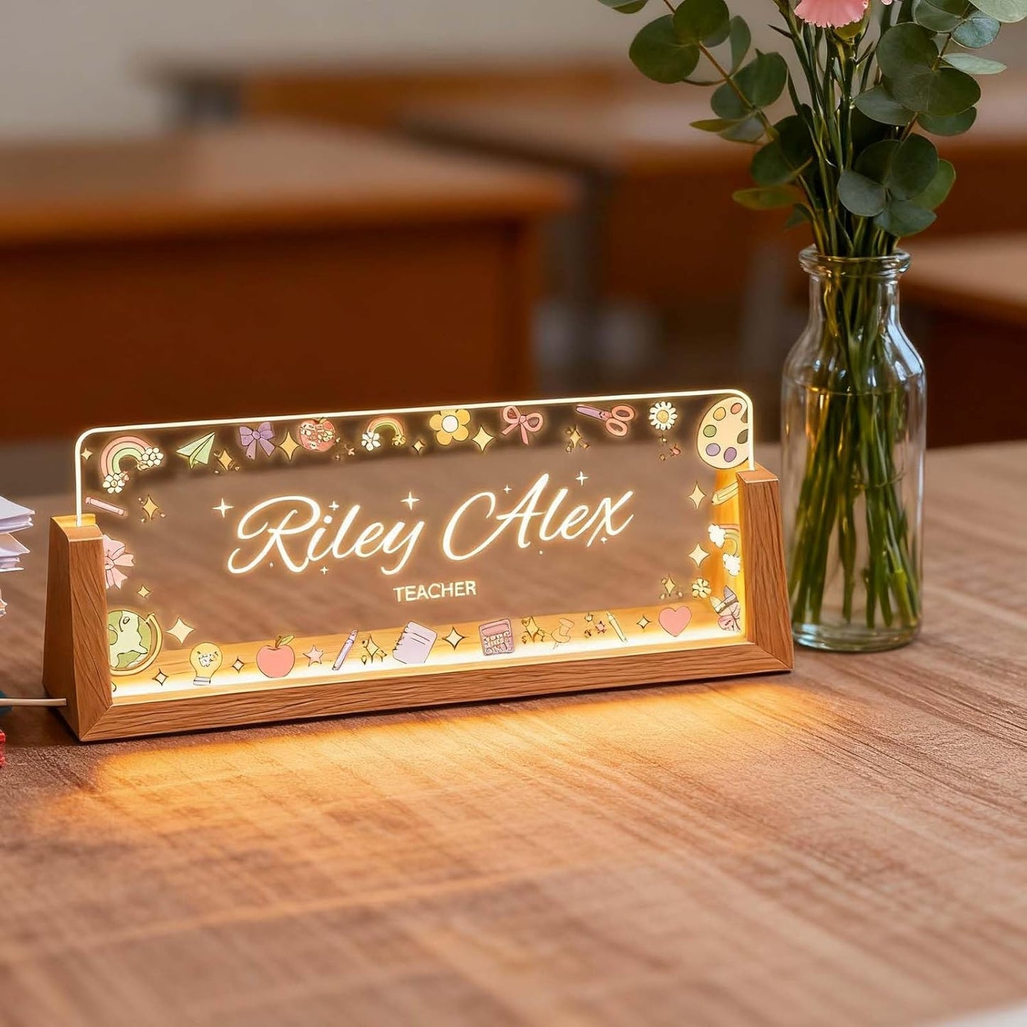 Custom Desk Name Plate Personalized, Light Up Office Acrylic Name Sign for Boss Coworker Teacher, Employee Appreciation Gift, Professional Office Decor